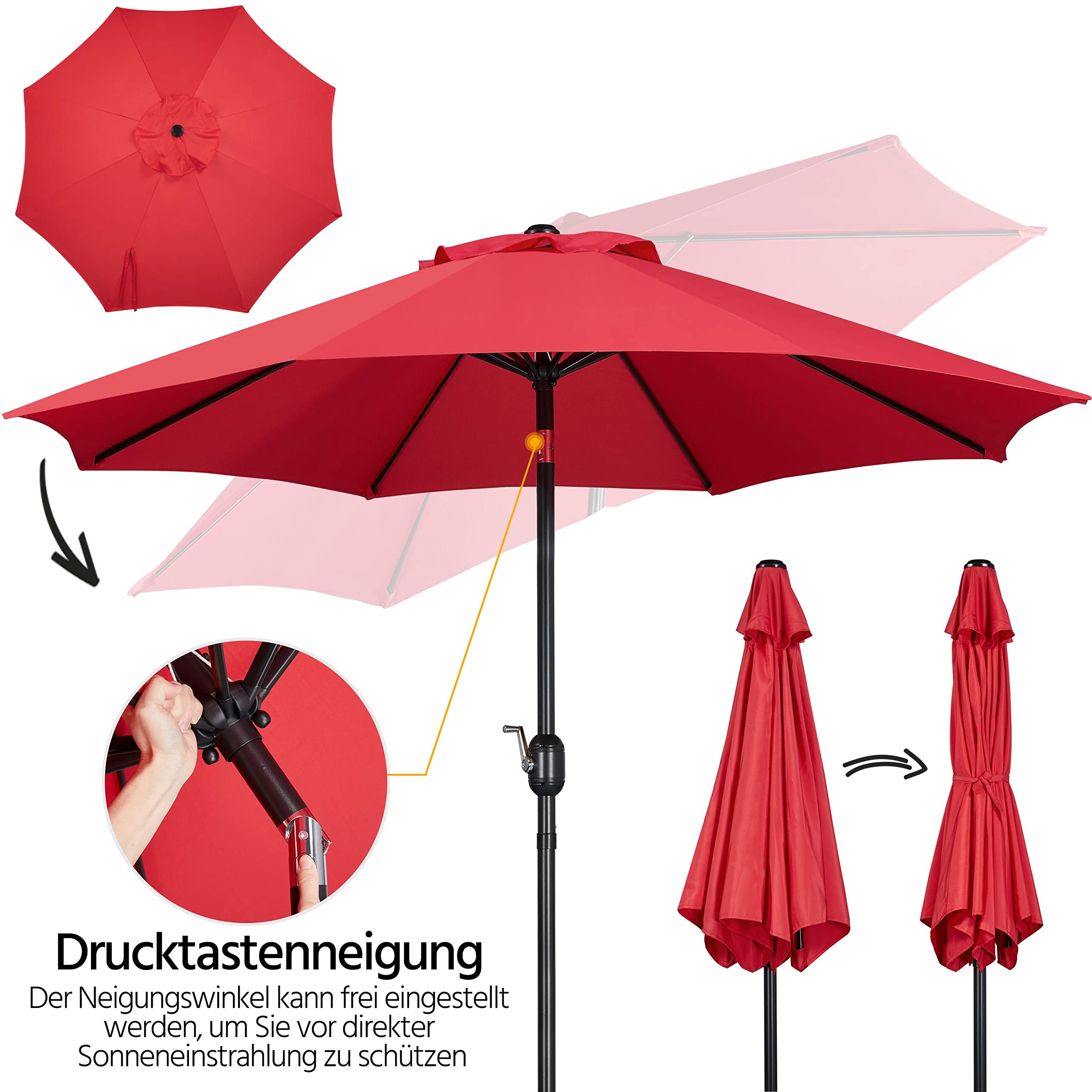 Yaheetech Sonnenschirm Ø 270cm Rund Balkonschirm mit Kurbel, Rot | Terrassenschirm mit 8 Rippen, Neigungsverstellung & Stabilen Metallstreben für Sonnenschutz für Balkon/Terrasse/Markt/Garten