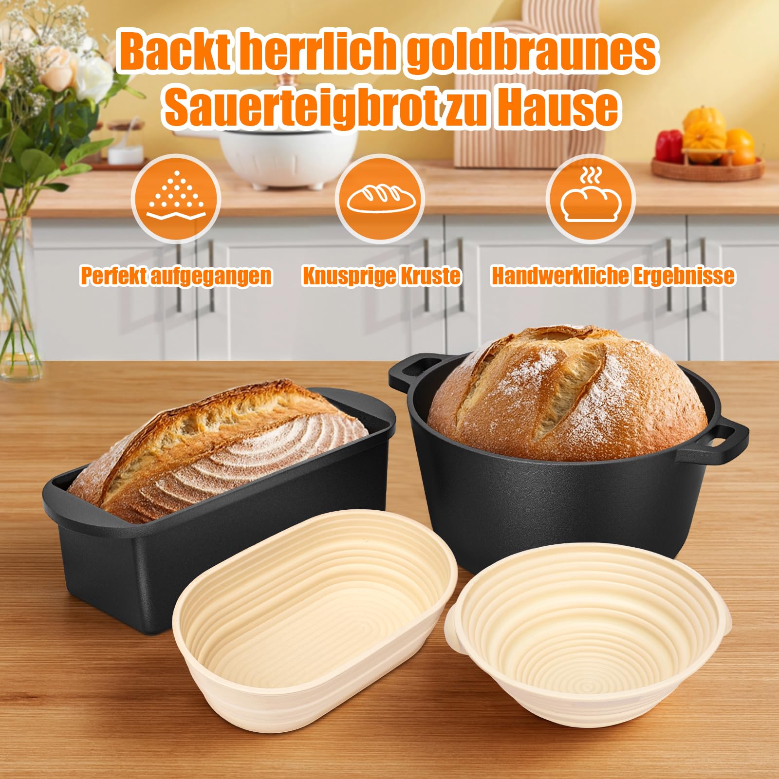 GFTIME Gusseisen Topf 26cm Brot Backen inkl. Brotbackform mit Deckel inkl. Gärkorb - Robuste Brotbackform mit Deckel - Idealer Brottopf, Brotbacktopf, Gusseisentopf Brotform, Toastbrot Backform