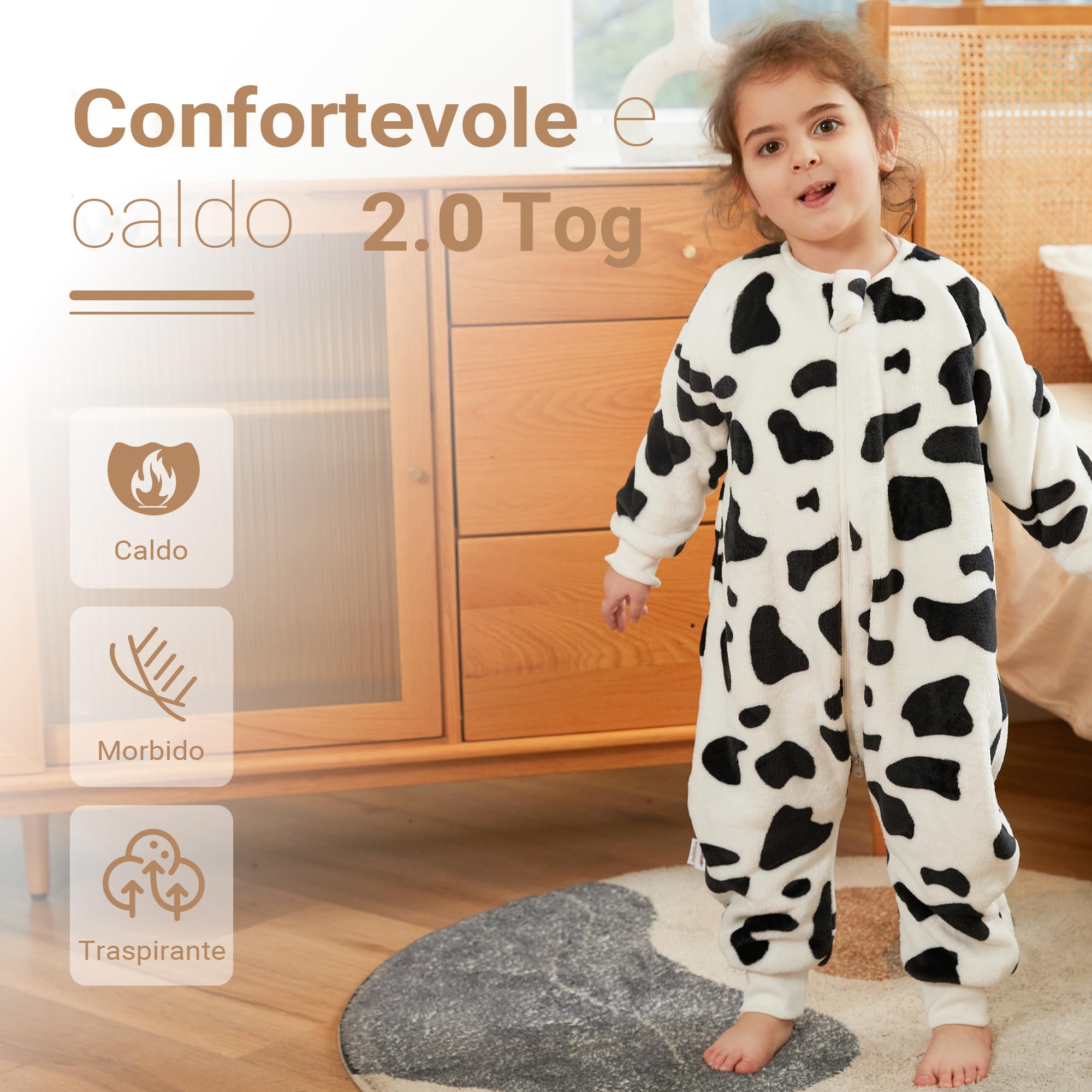 XQ&XG Sacco Nanna con piedini, Bambini Sacco Nanna con gambe 2.0 TOG, Flanella Sacco a pelo a maniche lunghe, Mucca, 120