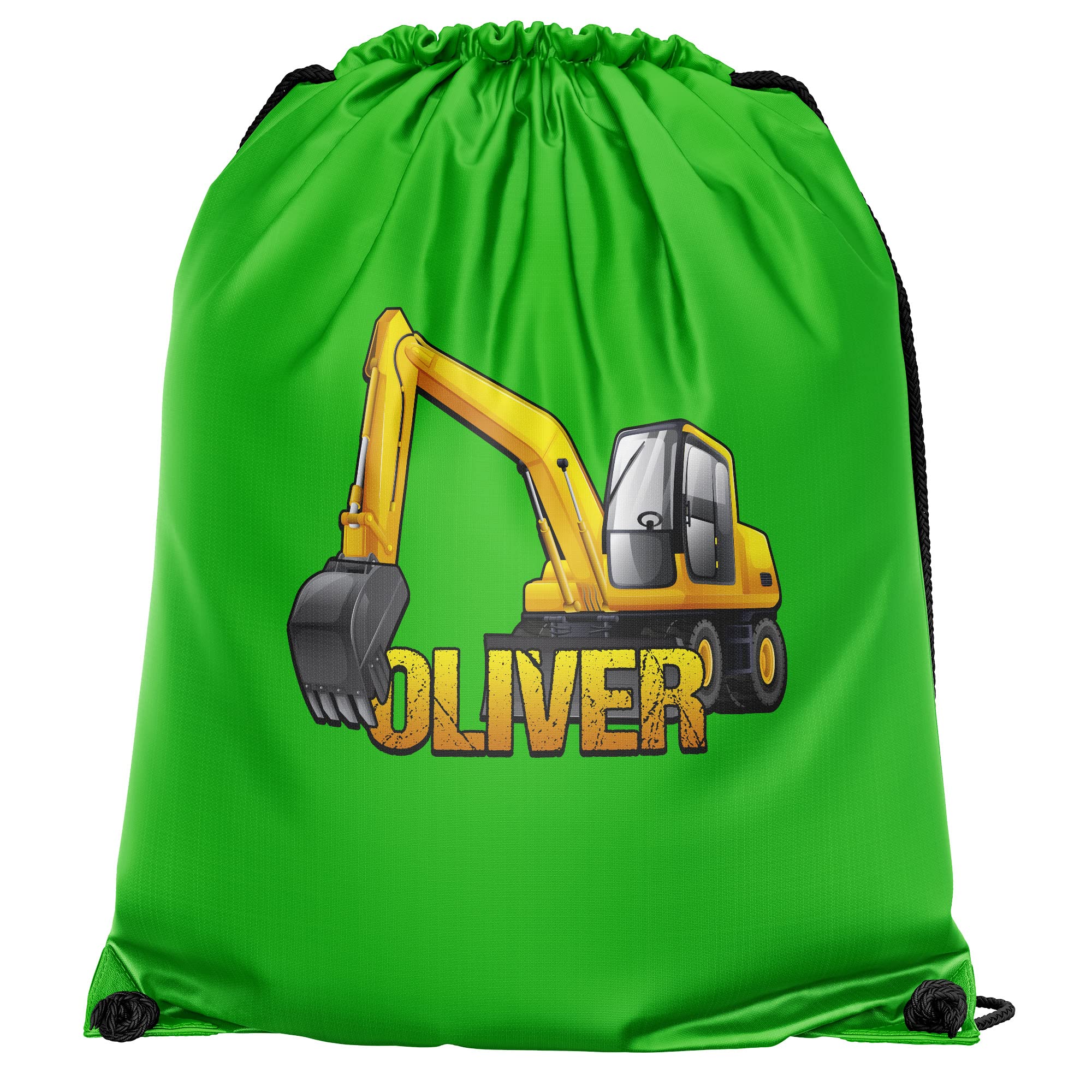 Personalised Yellow Digger Drawstring Bag, Custom Back to School and Nursery Gifts for Boys, Digger Crazy Boys, Essential Kids PE Kit Swimming Bag, One Size, Lime Green