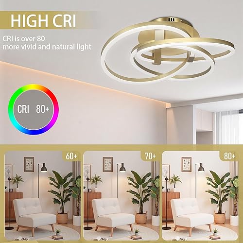 Miniatura 5 de Maxax Lámpara de techo LED dorada de 23.5 pulgadas, moderna lámpara de techo de 3 anillos, lámpara de techo para dormitorio, sala de estar, comedor,