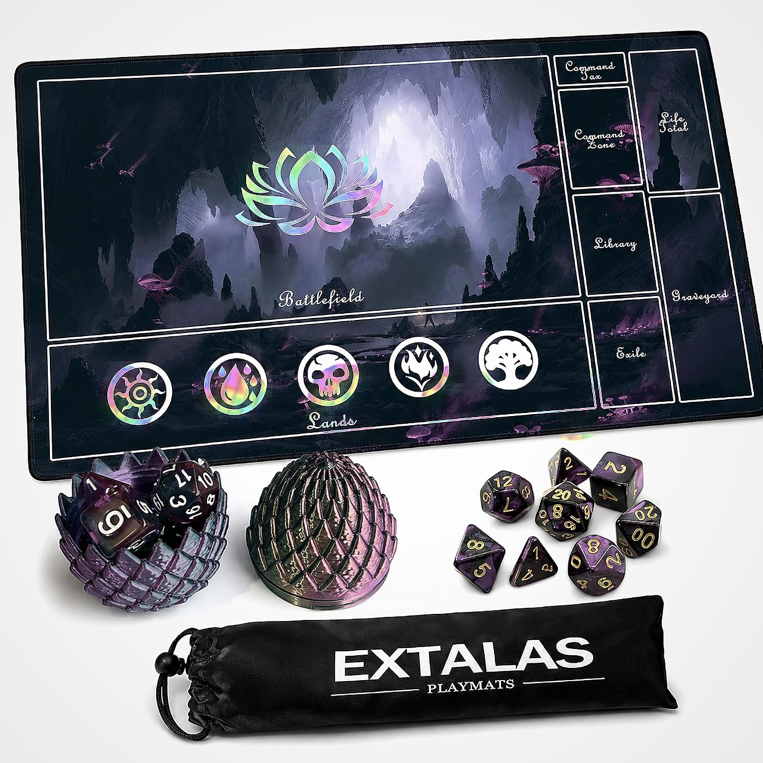 MTG Playmat with Holographic-Style Artwork, Dragon Egg Dice Case, 7-Dice Set & Waterproof Oxford Bag - Non-Slip Rubber TCG Card Game Mat with Stitched Edges(Holographic, Basic Lands1)