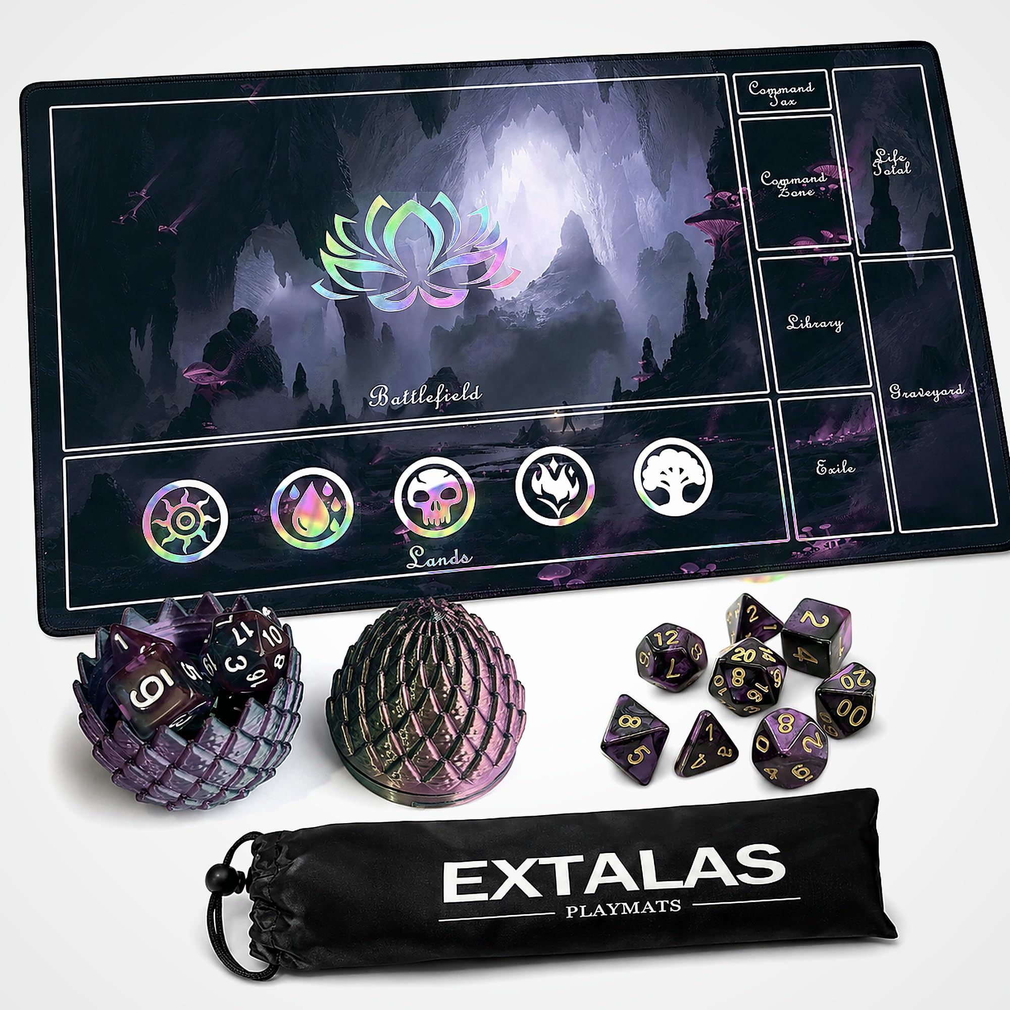 Extalas MTG Playmat with Holographic-Style Artwork, Dragon Egg Dice Case, 7-Dice Set & Waterproof Oxford Bag - Non-Slip Rubber TCG Card Game Mat with Stitched Edges(Holographic, Basic Lands1) โ image 1