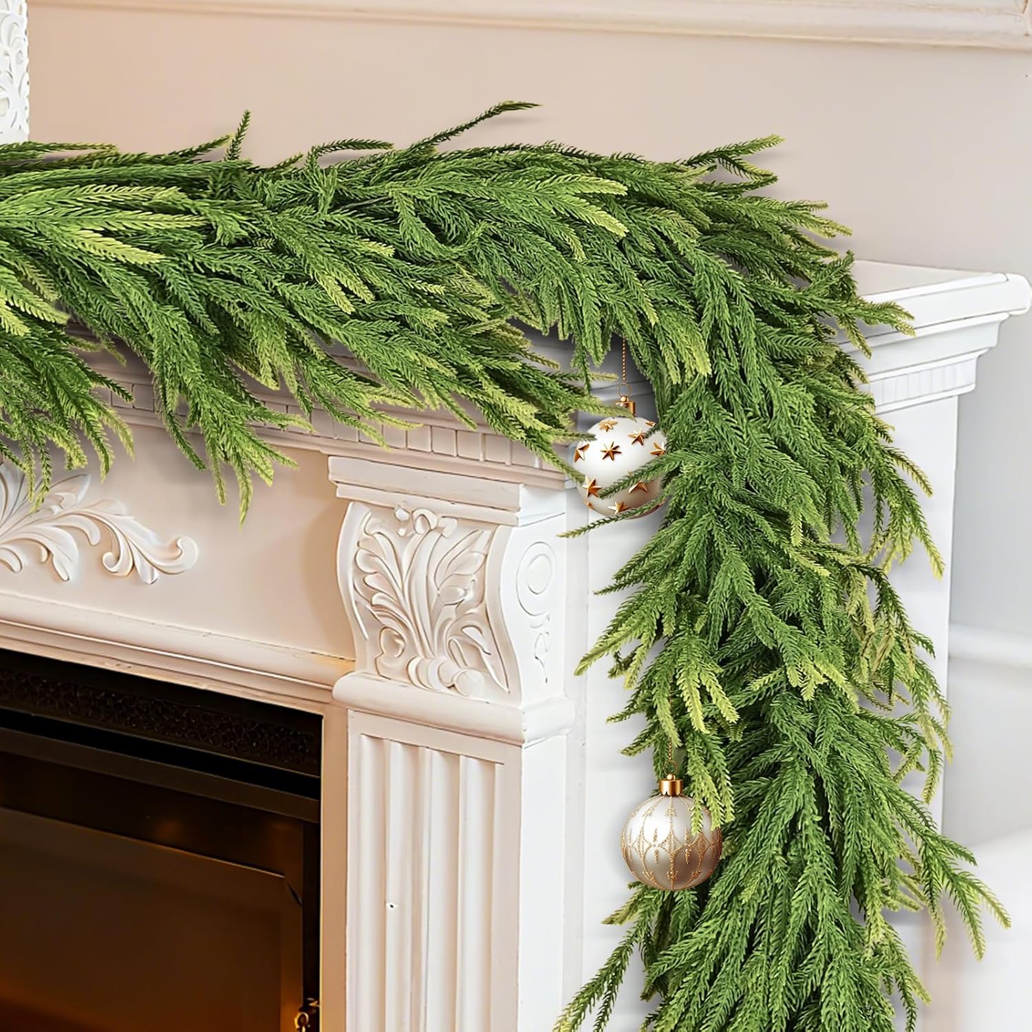 2 Pcs 6 Ft Christmas Garlands Artificial Norfolk Pine Garlands, Real Touch Winter Pine Garland, Green Artificial Greenery Garland for Table, Mantle, Wall, Indoor, Outdoor Christmas Decoratio
