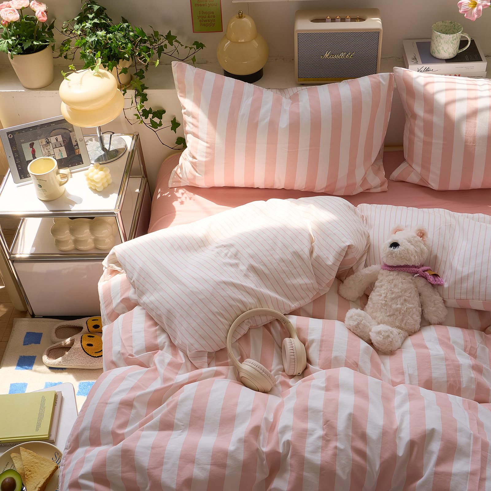 VM VOUGEMARKET Pink Striped Duvet Cover Set,Queen(90"x90"),Pink White