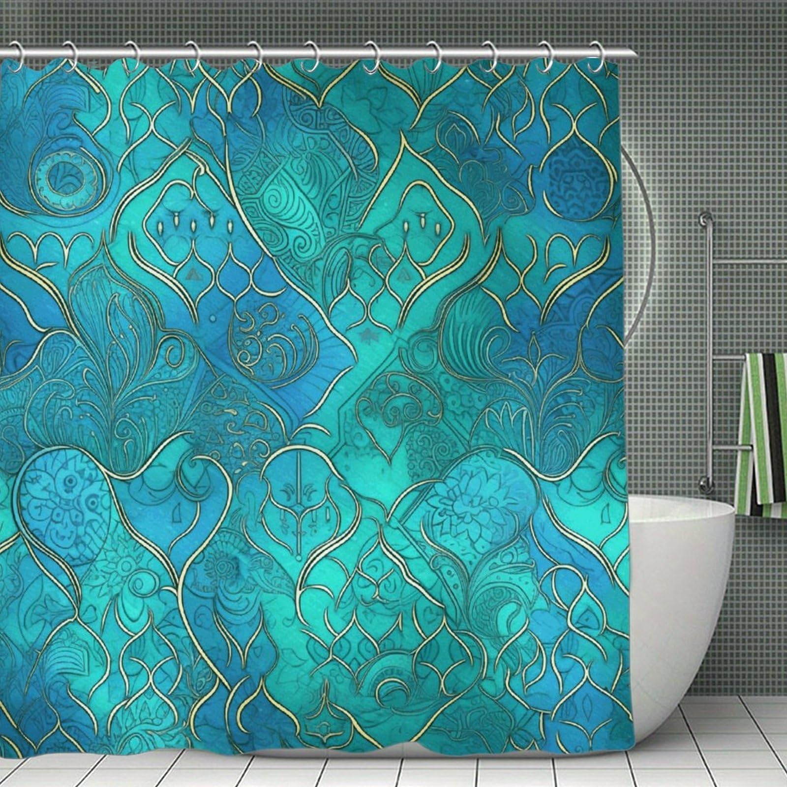VstaDank Turquoise Pattern Bath Curtain Elegant Heavy Duty Shower Curtains 70x70 in Rustic Farmhouse Cloth Shower Curtains Neutral Modern Bath Curtain for Bathroom