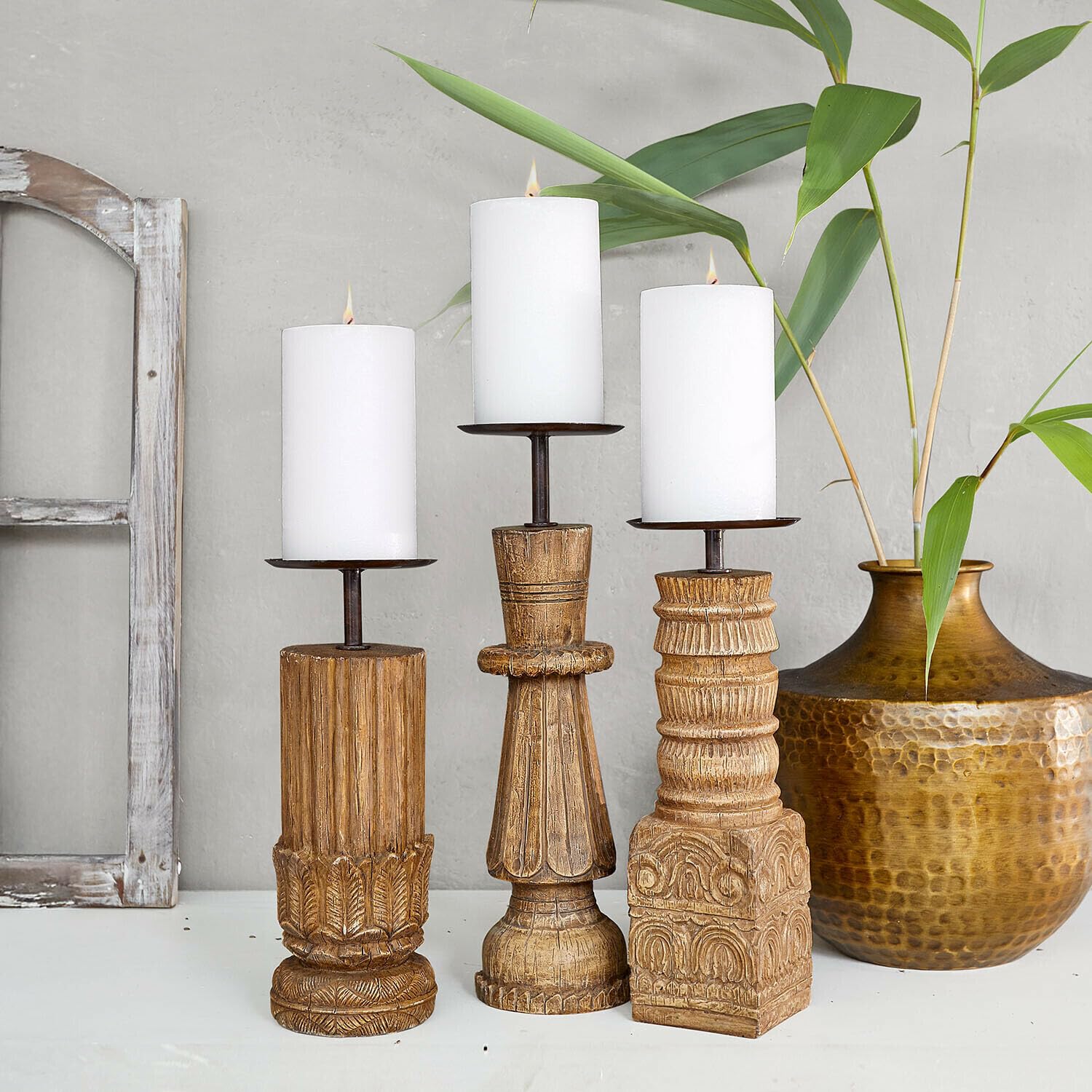 Loberon Kerzenständer 3er Set Zahirah - braun, braun | DREI Designs, Realistische Holz-Optik, Detailreiche Schnitzereien, Kerzenhalter, Dekoration, Polyresin, Eisen
