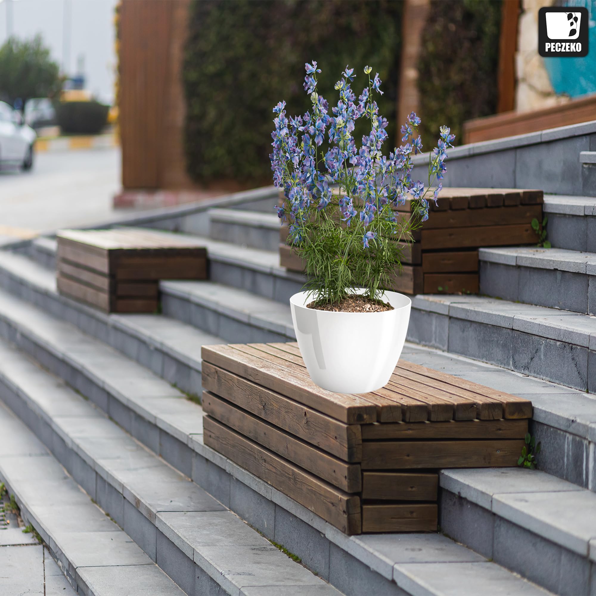 PECZEKO Bloempotten, glanzend, decoratief, voor bloemen en kruiden, lange levensduur, licht, rond, kunststof, voor woonkamer, eetkamer, keuken, terras, balkon, set van 4, beige, doorsnede 13,5 cm