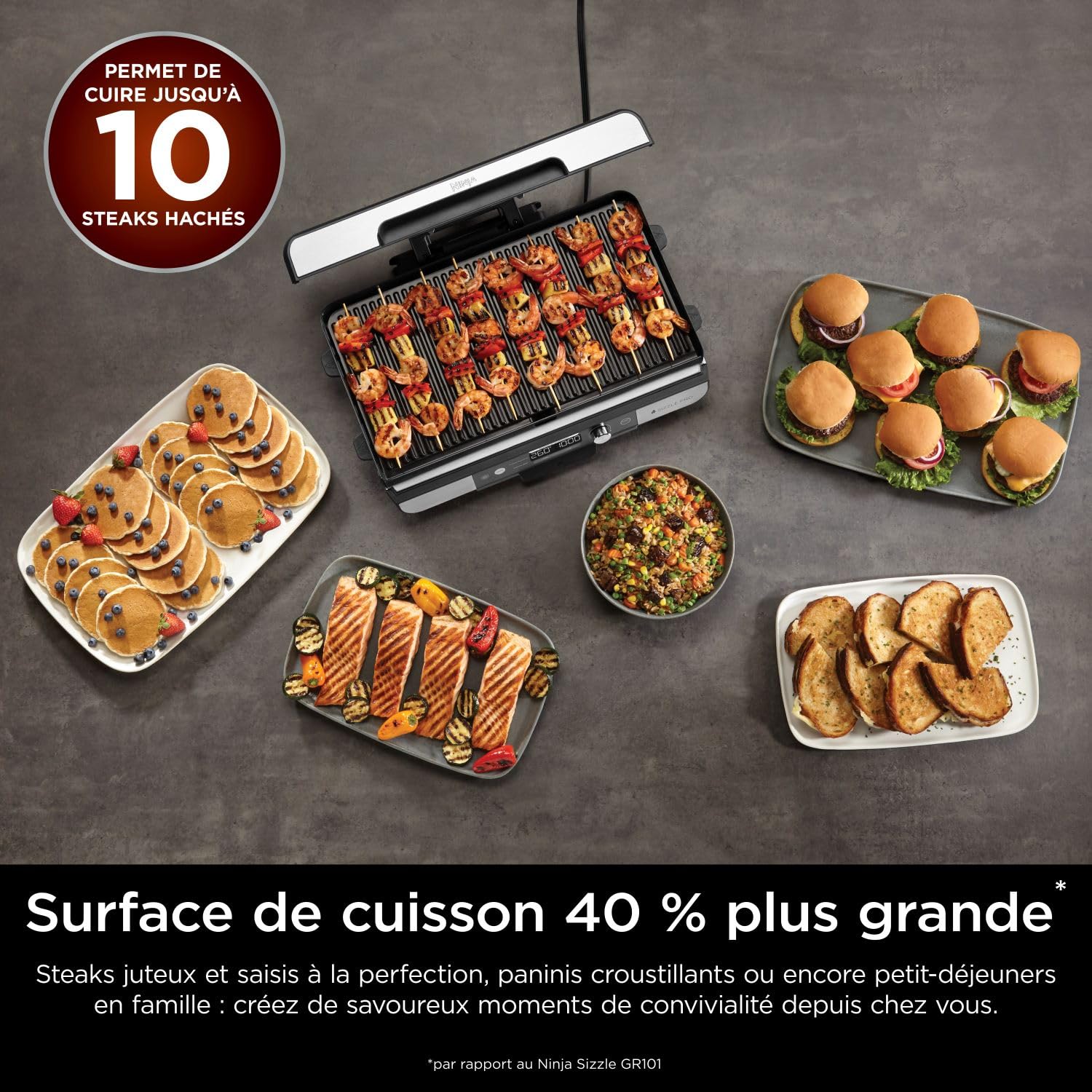 Ninja Sizzle Pro XL Grill Electrique Intérieur & Plancha Electrique Céramique, Grill Multifonction Pour Grillade Maison & Smash Burger, Couvercle, Accessoires, Argent/Noir GX101EU