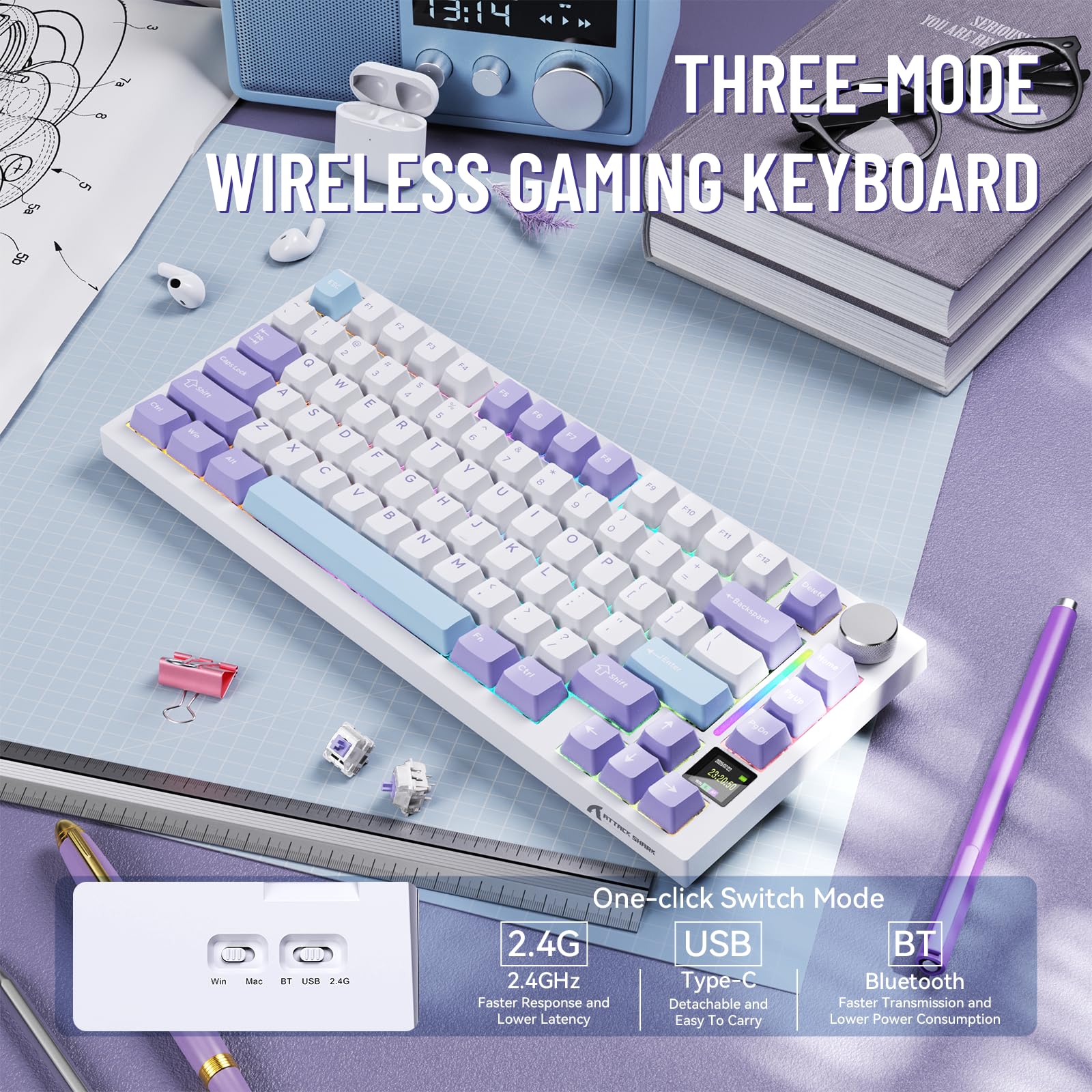 MAMBASNAKE Attack Shark X820 Ultra Klawiatura Gamingowa Mechaniczna, Bezprzewodowa BT/2.4G/USB-C, QWERTY TKL 75% Gasket Hot Swap, Wyświetlaczem TFT, LIGHTSYNC RGB, Spiralny Kabel - Gift Switch/Purple