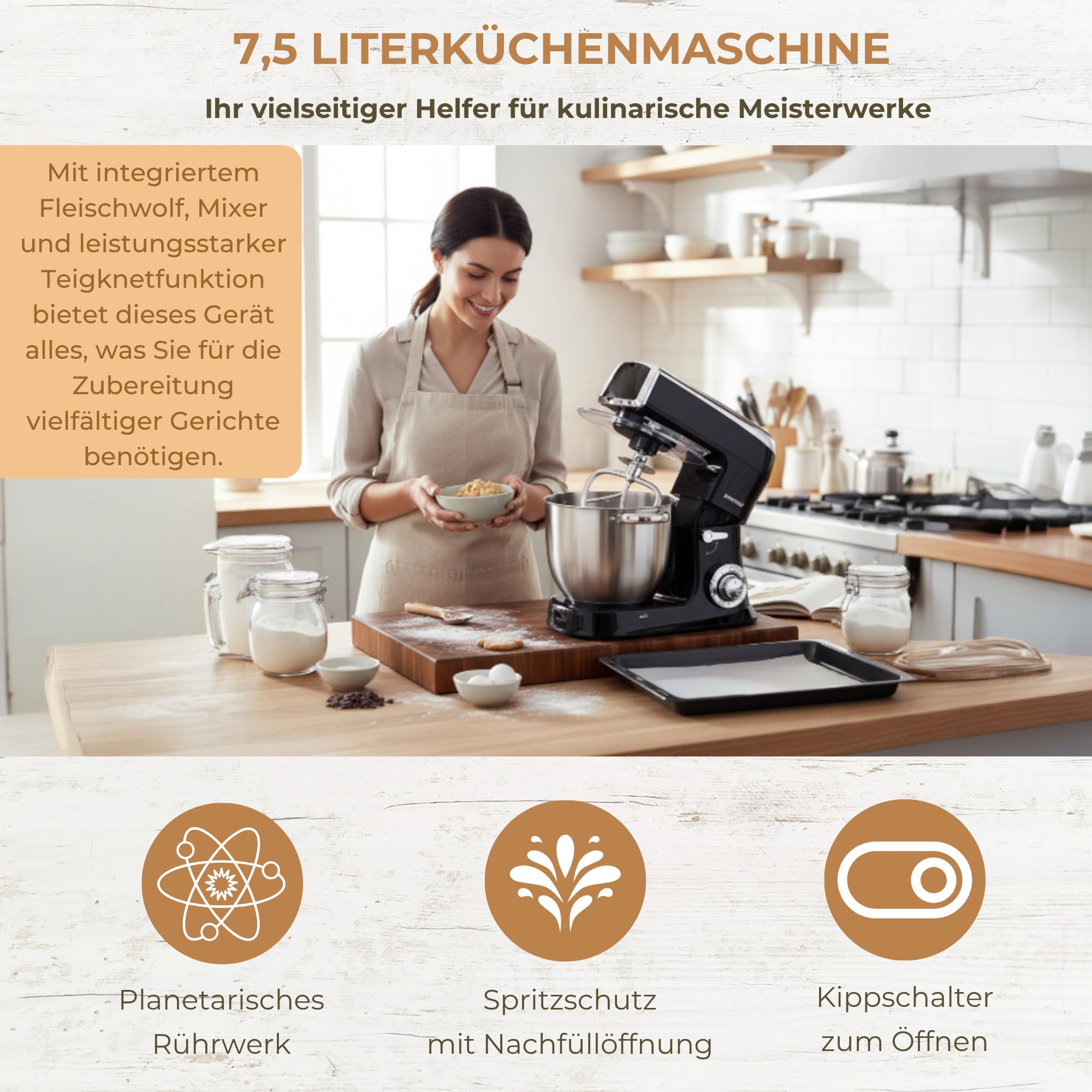 Syntrox Germany Küchenmaschine Wasas Mixen & Zerkleinern 7,5 Liter, Mixer und Fleischwolf in einem, Hackfleisch selber machen, Standmixer,zerkleinerer, Rührgerät, Hochleistungsmixer (Schwarz)