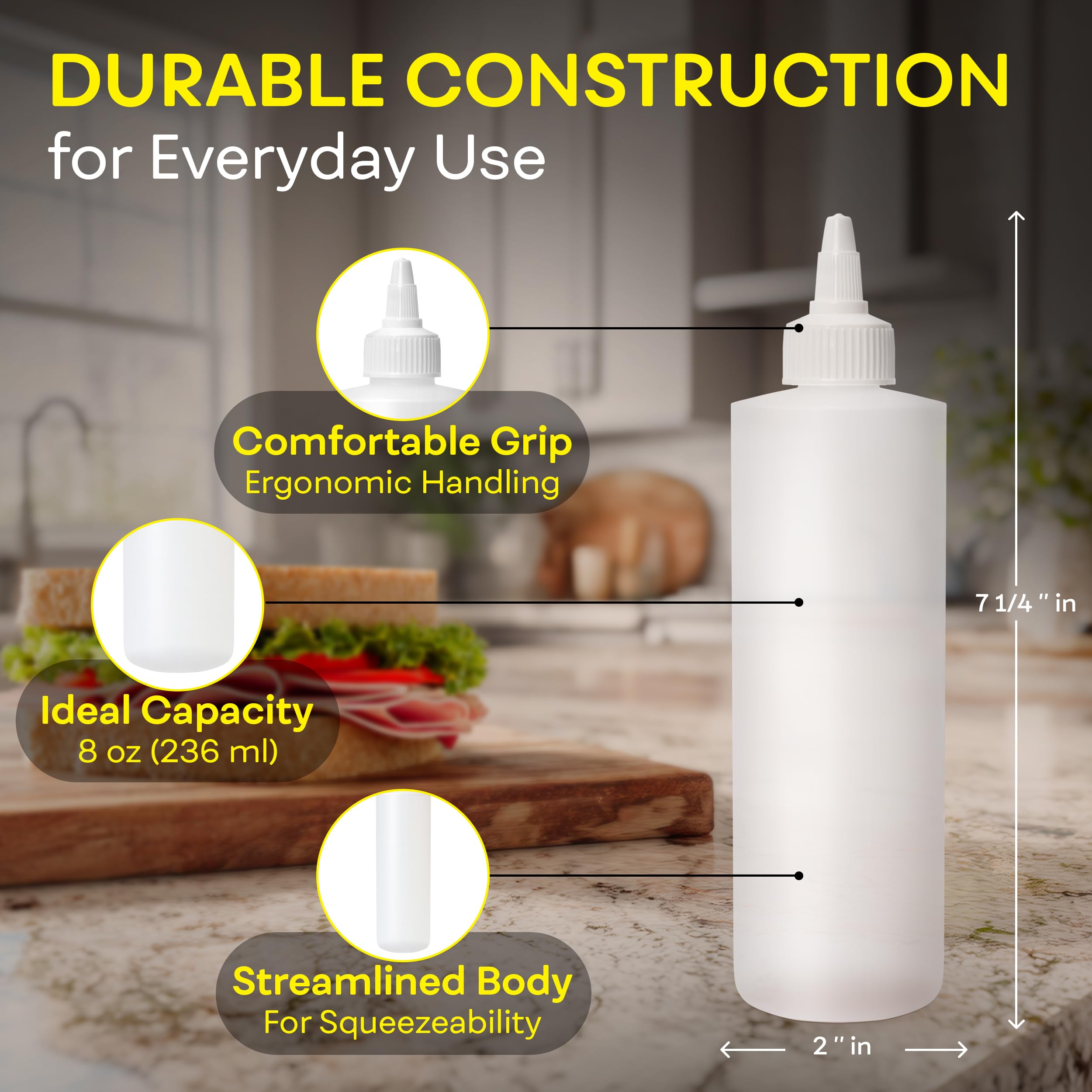 BRIGHTFROM Botellas exprimibles de condimentos, botella vacía de 8 onzas con tapa superior giratoria, a prueba de fugas, ideal para ketchup, mostaza, jarabe, salsas, aderezo, aceite, artes y