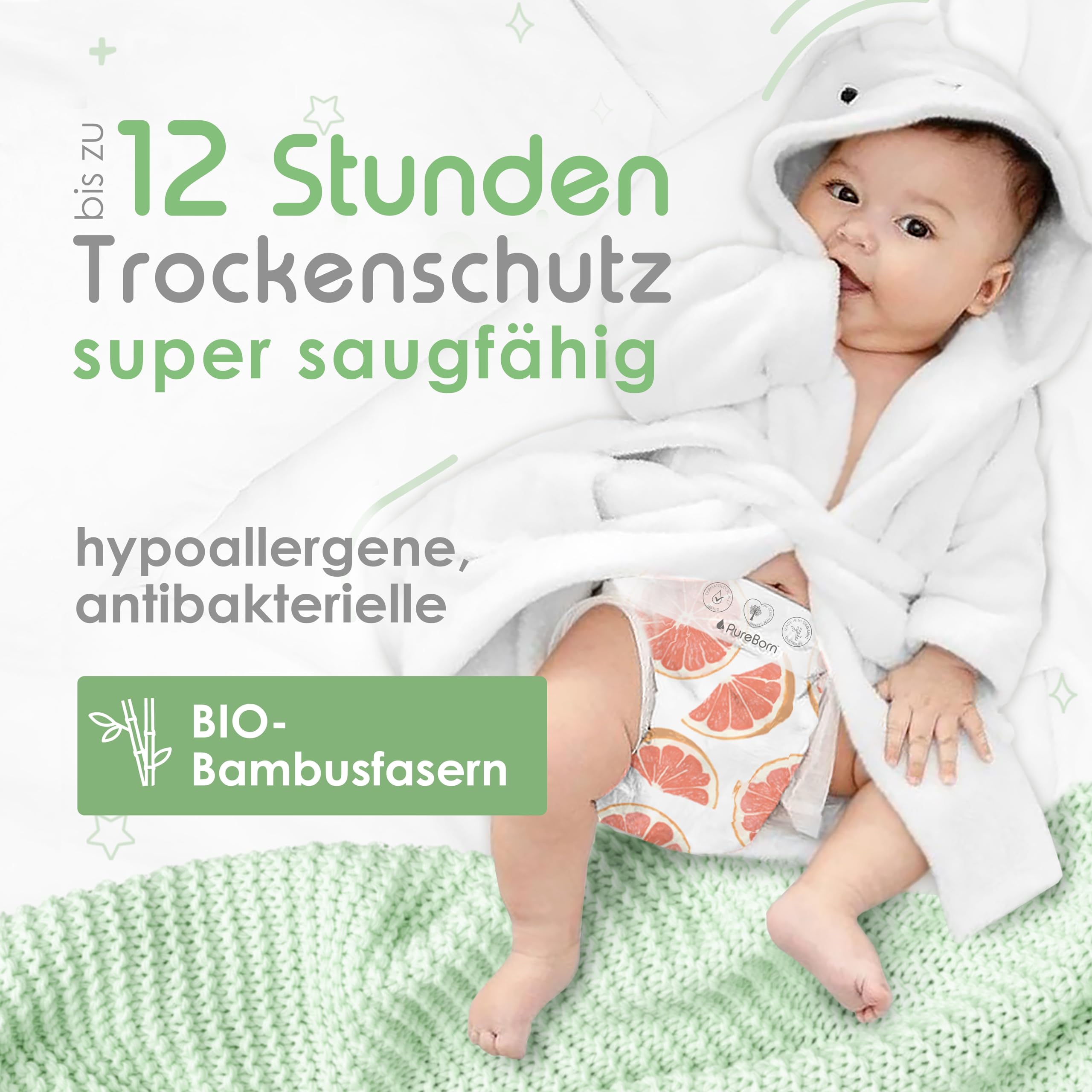PureBorn 112 Windeln Größe 3 (5-8 kg), Ultra-Saugfähig, Hypoallergen, Weich & Sanft für Babys (4-7 Monate), Dermatologisch Getestet, Auslaufsicher, Umweltfreundlich aus Bambus