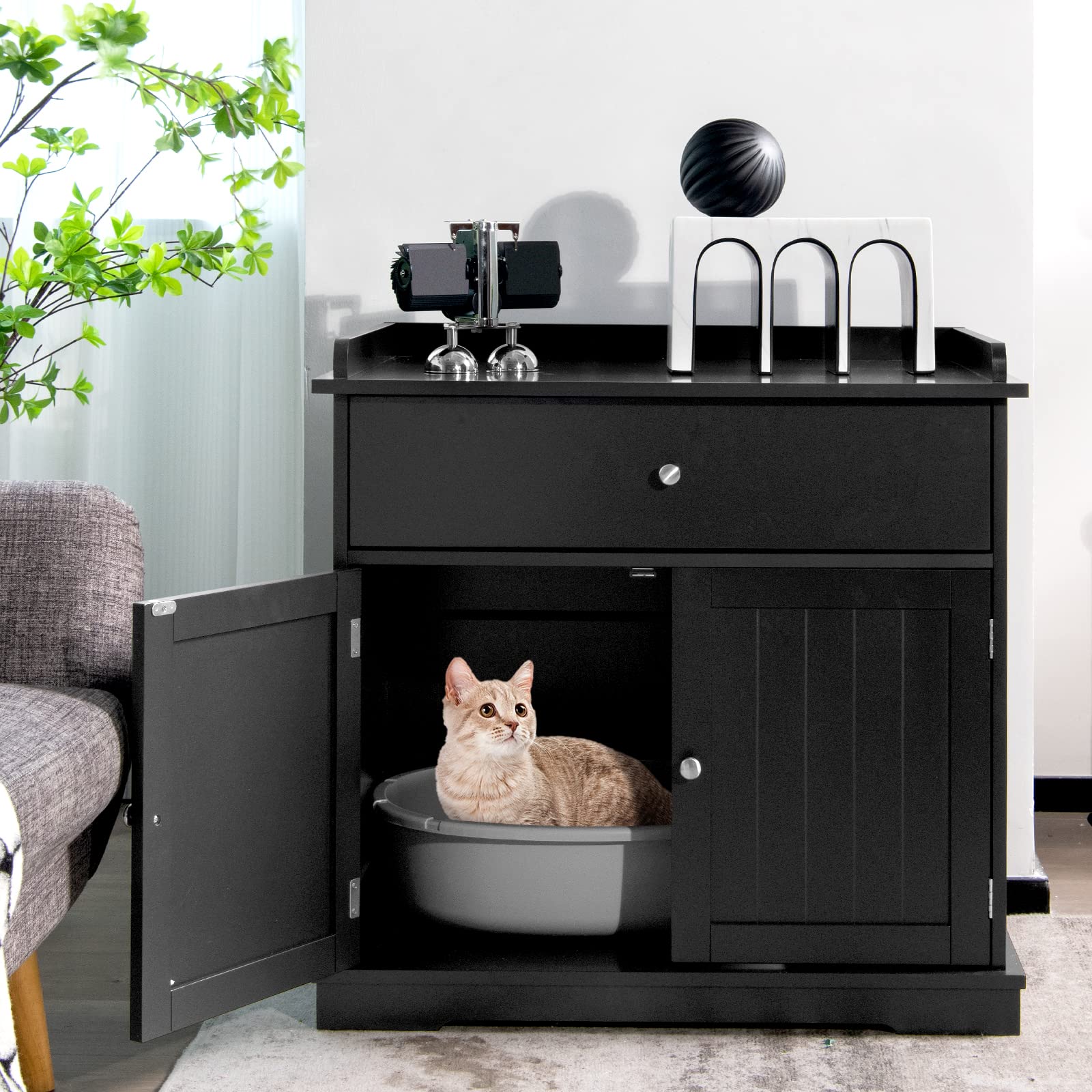 COSTWAY Katzenschrank mit Schublade & Tür & Eingang, 3-in-1 Katzenhaus Katzentoilette Beistelltisch, Schrank Katzenklo Katzenkommode, Katzenhöhle Haustierbox, Katzenmöbel (Schwarz)