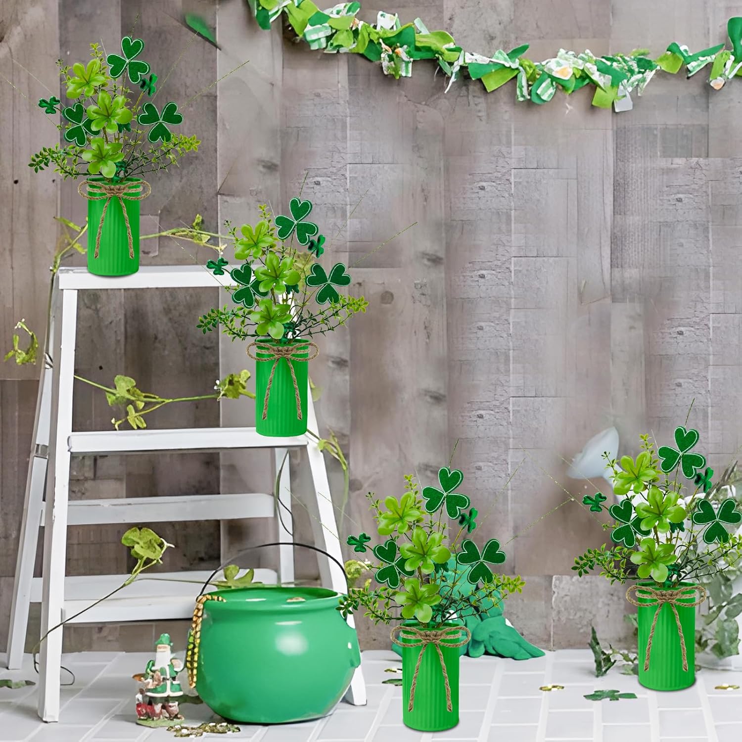 4 Pack St Patricks Day Floral Picks Green Shamrock Stems Small Fake Plant with Metal Pot for Home Party Table Centerpiece Decor St Patrick's Day Decorations