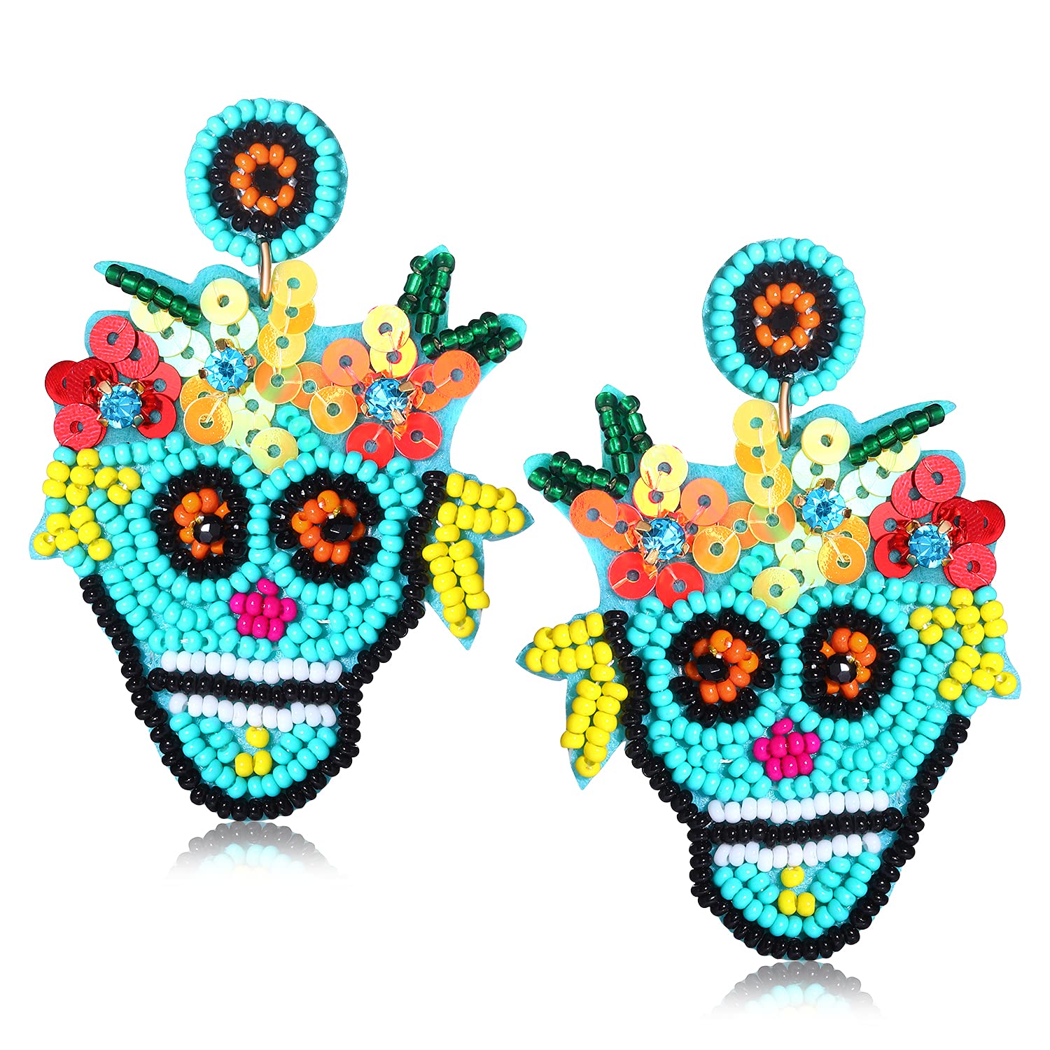 Boderier Halloween Beaded Earrings Handmade Colorful Sequin Beaded Sugar Skull Drop Dangle Earrings Halloween Costume Party Jewelry