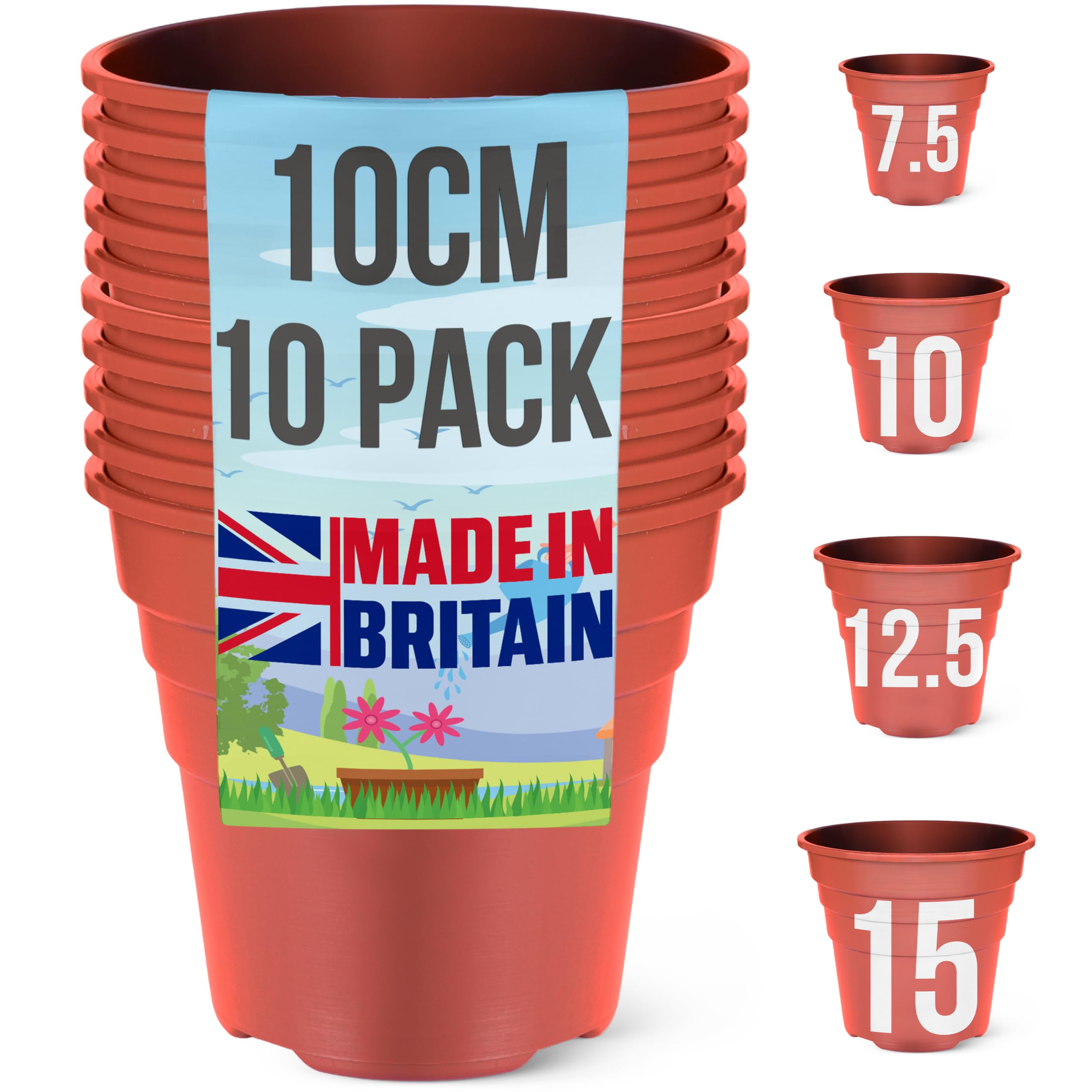 Happy Pots Terracotta - 10Cm Gloss - Pack Of 10 Premium Plastic Plant Pots - Reusable Flower Pots For Indoor/Outdoor Home Décor Gardening - Round, Heavy Duty, Uv Resistant, Recyclable - Made In Uk