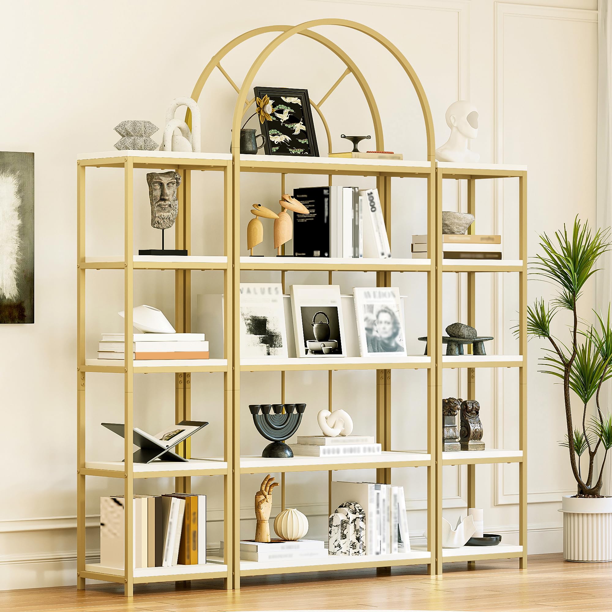 REXO Set di scaffali da 163 x 30 x 184 cm, 3 scaffali modulari con telaio in metallo dorato, pavimenti in MDF bianco e design ad arco. Come scaffale per display e vetrina per soggiorno, cucina e