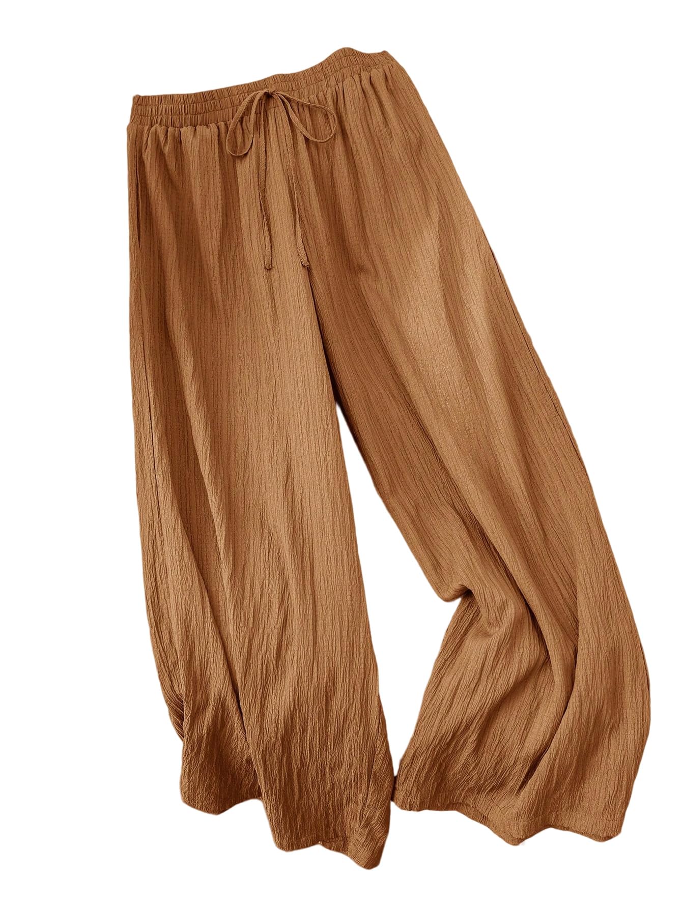 OYOANGLE Womens Plus Size Textured Drawstring High Waisted Pants Beach Vacation Straight Leg Lounge Trousers with Pocket