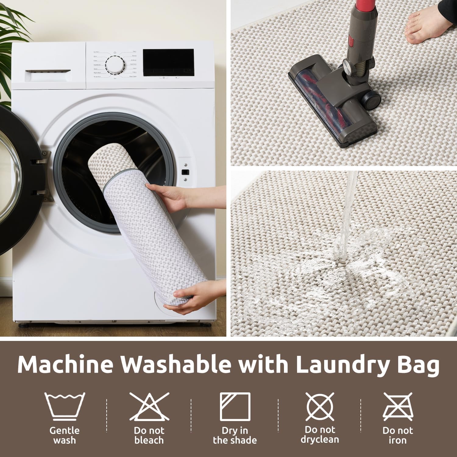 AMOAMI Chenille Bath Mat Super Absorbent Bathroom Mat Quick Dry Low Pile Bath Mats for Bathroom Washable Rubber Backed Bathroom Runners Fit Under Door, Front of Bathtub, Sink, Beige&White 17"x59"