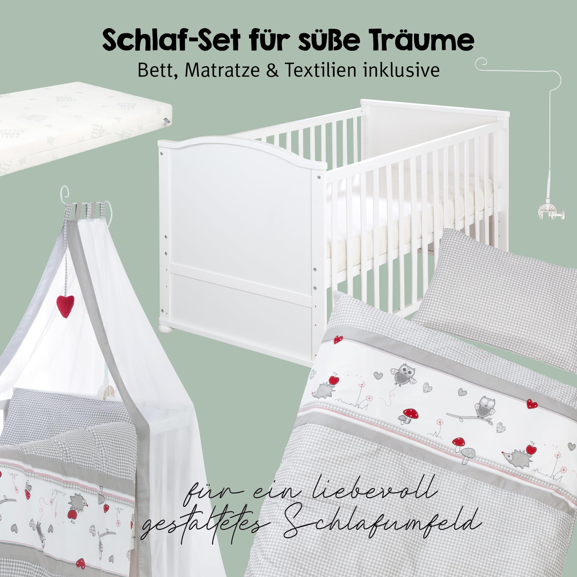 roba Babybett Set Adam & Eule 70x140 cm Mitwachsendes Kinderbett mit Bettwäsche Himmel Matratze Höhenverstellbar umbaubar Holz weiß