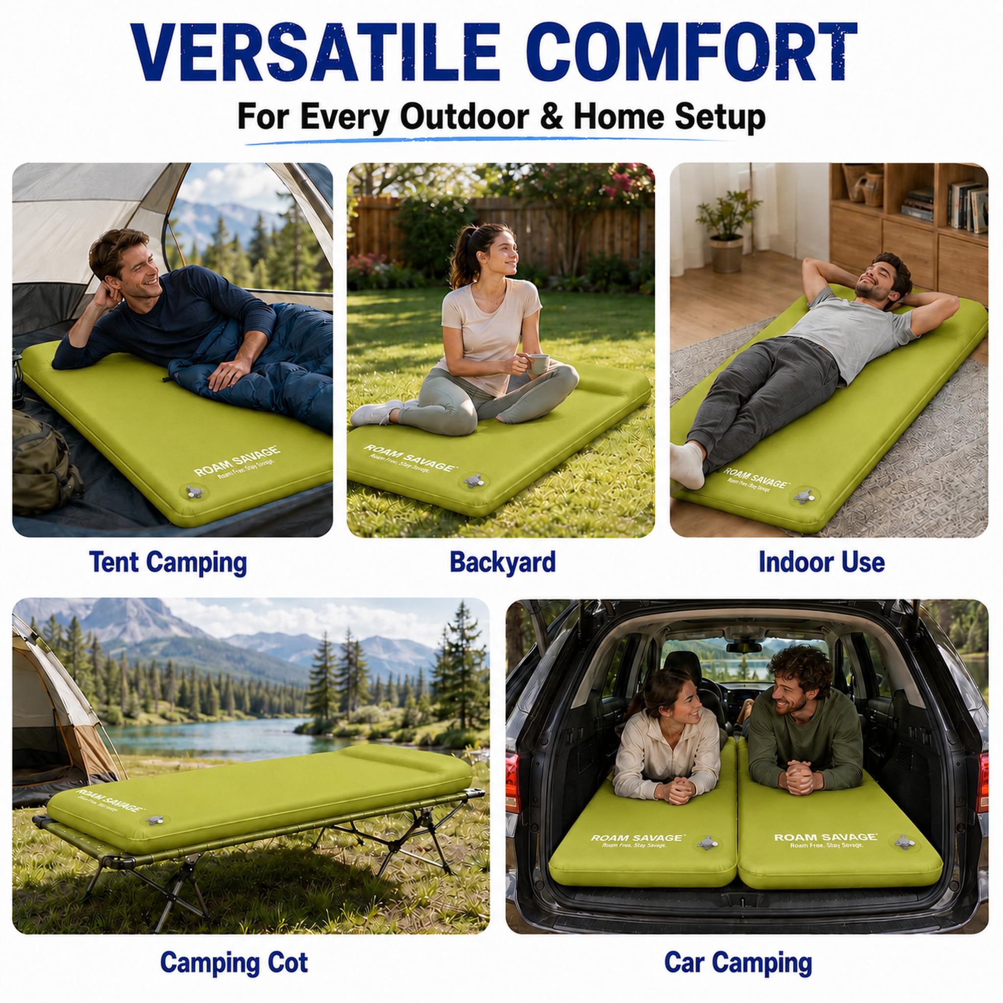 ROAM Savage Selbstaufblasende Camping-Isomatte, 7 cm Schlafmatte mit Kopfkissen, R-Wert 8,0 Isolierung, 50D TPU-Gewebe, koppelbare Luftmatratze für Camping, Wandern und Reisen