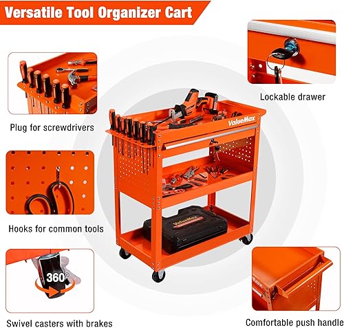 Miniatura 3 de ValueMax Carrito de herramientas sobre ruedas carrito de herramientas rodantes de 3 niveles con cajón utilitario carro de herramientas general