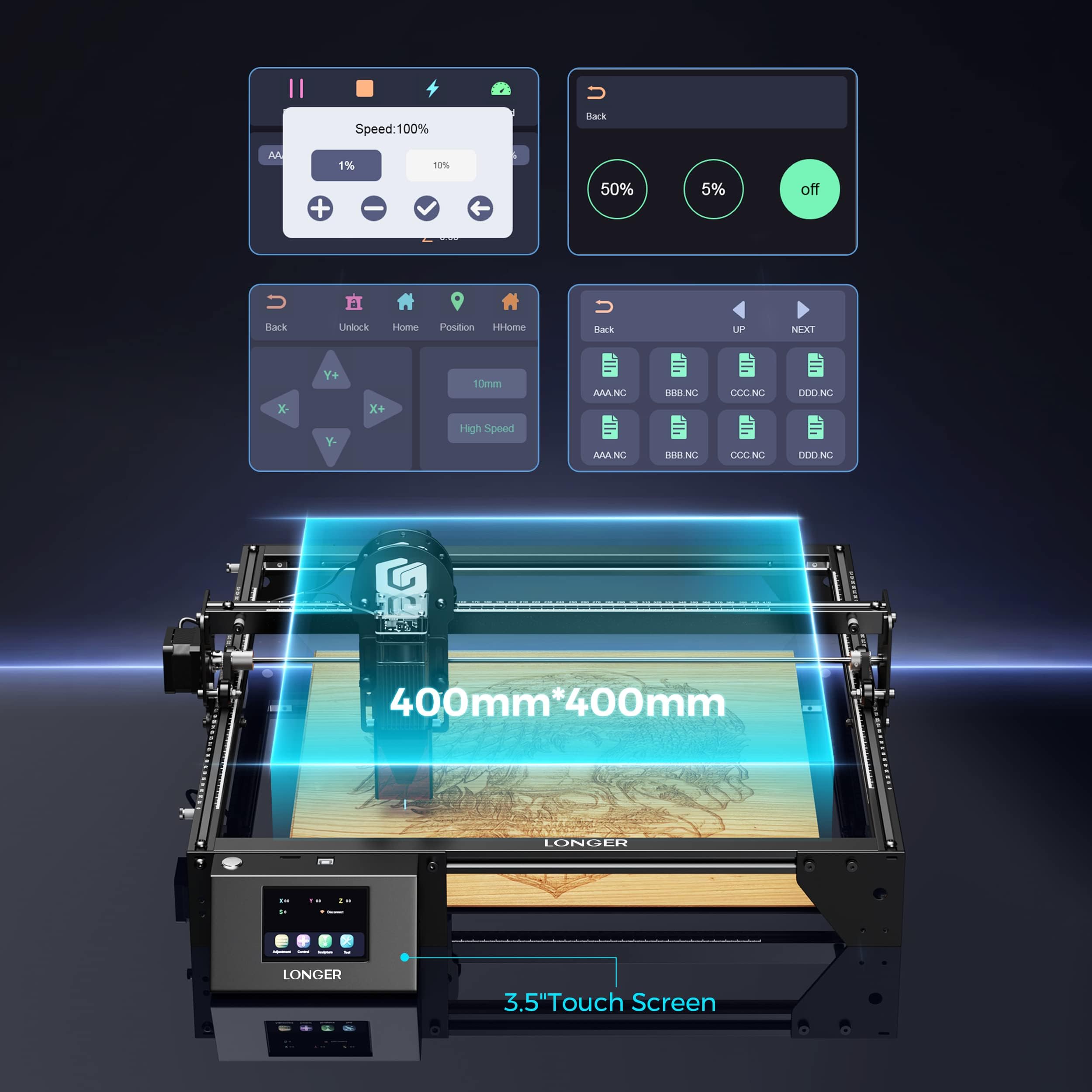 LONGER RAY5 Macchina per incisione laser 10 W, 0,06 mm, con touchscreen da 3,5", 10000 mm/min, incisione laser CNC ad alta velocità, per legno, metallo, acrilico, 400 x 400 mm
