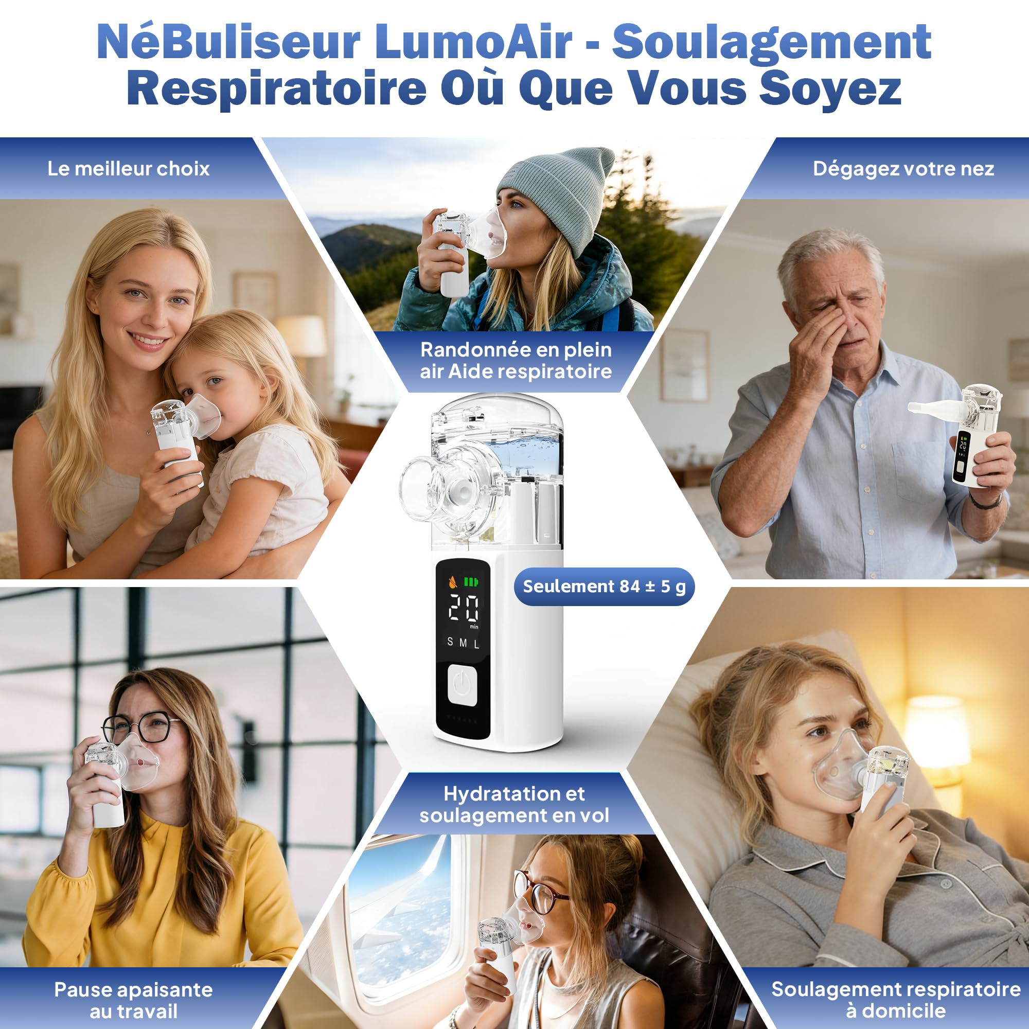 Nebulisateur Silencieux pour Adulte et Enfant,Inhalateur 1200mah USB-C,Nebulisateur Bebe Protection à Sec Autonettoyant,Aerosol Bebe LED Nébuliseur Portable avec 2 Masques et Embout Buccal