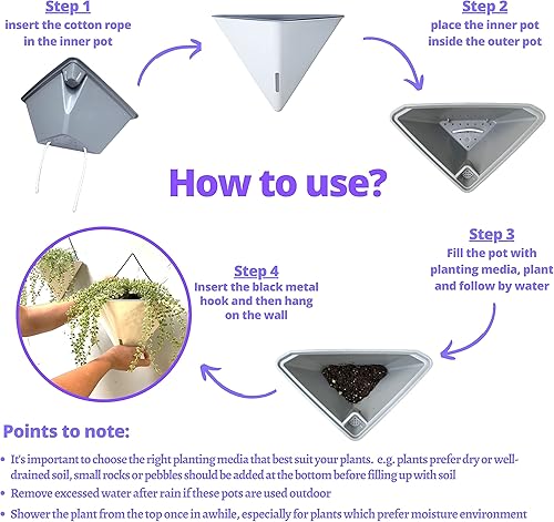 Miniatura 3 de LaLaGreen - Macetas de pared, paquete de 4, 12 pulgadas, grandes de autorriego blanco y gris, color mixto, geométrico, vertical, para interiores,