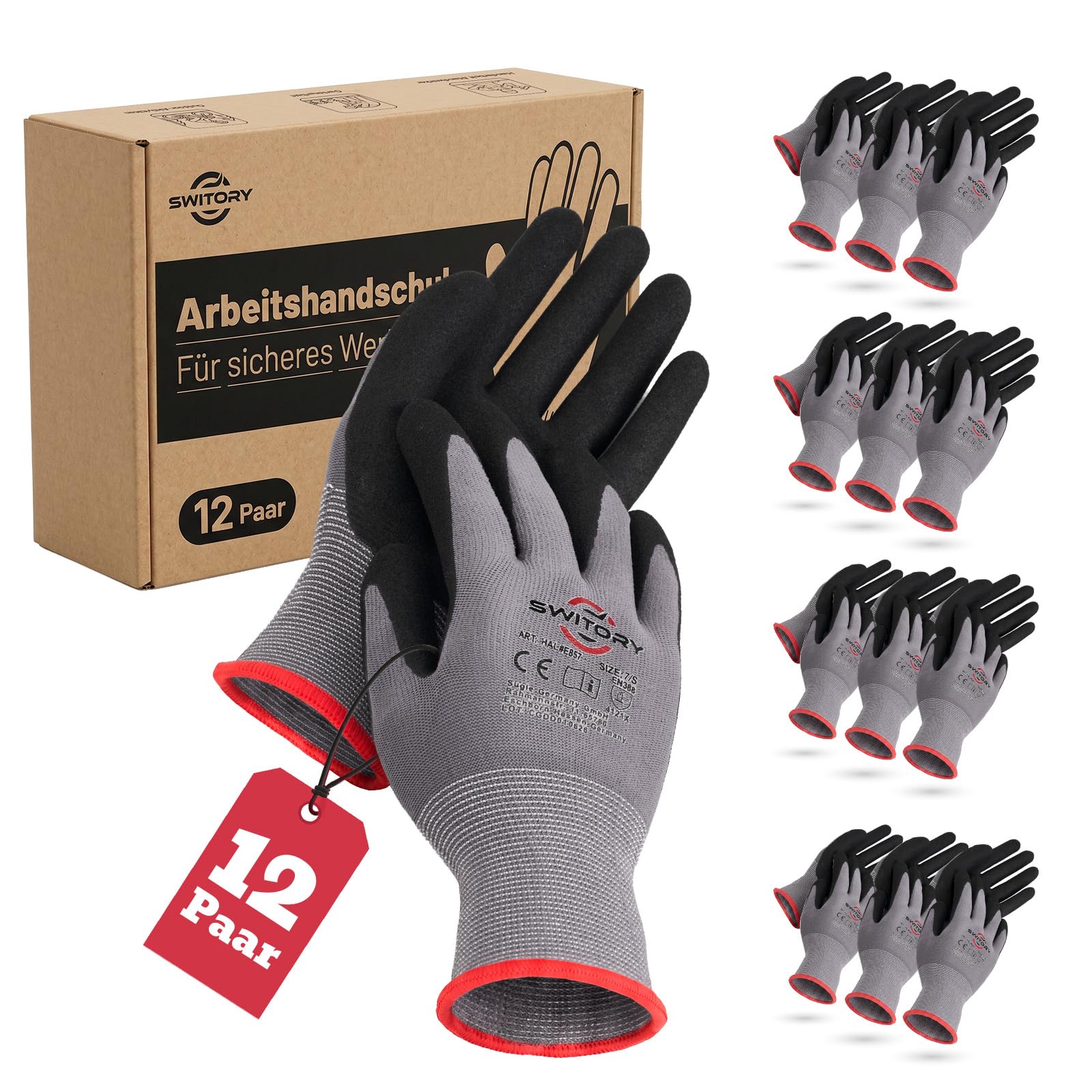 Switory Lot de 12 paires de gants de montage EN388 4121X Gants de travail de mécanicien résistants à l'huile EN388 4121X Gants de protection professionnels antidérapants (taille 7/S)