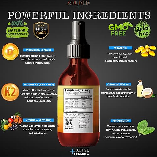 Miniatura 3 de Spray líquido de vitamina D3 K2 de 10,000 UI con aceite MCT orgánico, vitamina A (retinol) 1250 mcg, K2 (MK4, MK7) promueve el corazón, los huesos,