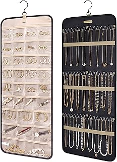 NALACAL Hanging Jewelry Organizer Storage Roll with Hanger Metal Hooks Double-Sided Jewelry Holder for Earrings Necklaces Rings on Closet Wall Door Large Black