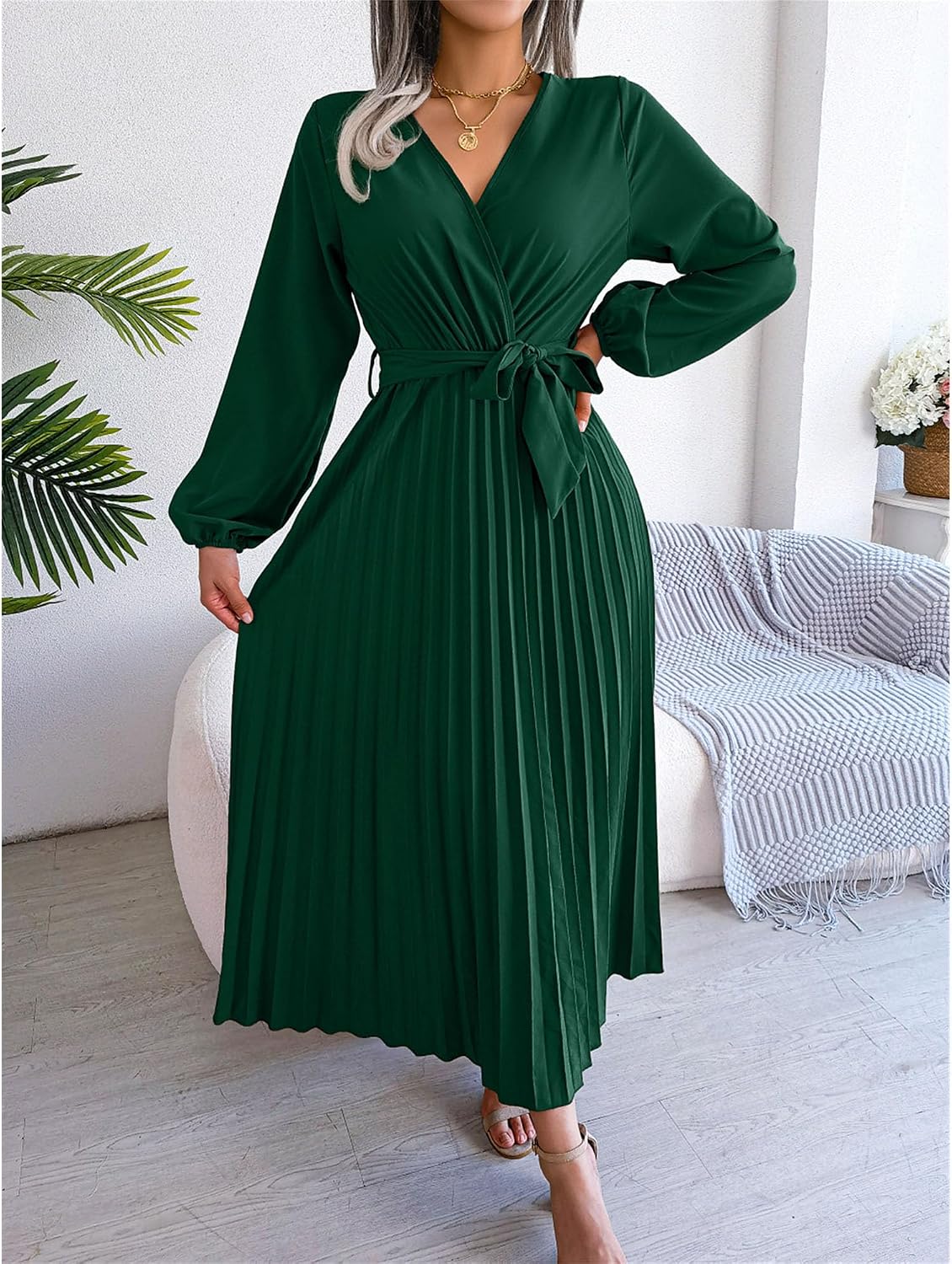 Womens Casual Dress Wrap V Neck Long Sleeve A Line Pleated Swing Dress Tie Waist Solid Flowy Dress for Wedding Guest