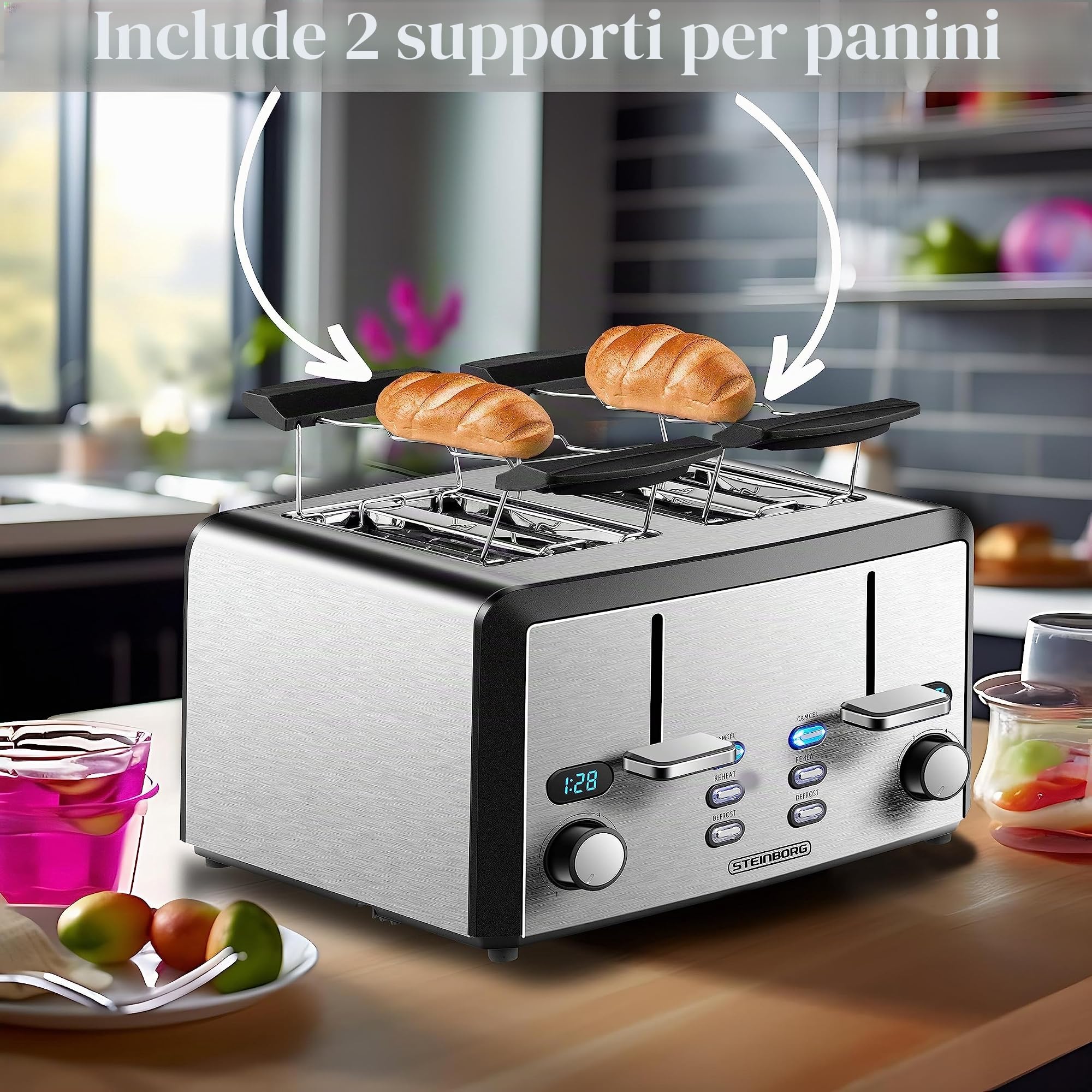 Tostapane XXL con 4 fessure per tostapane | 1600 Watt | 6 livelli | 2 x inserti per panini | funzione scongelamento | 2 x cassetti per briciole | acciaio inox | 4 strati | display LED