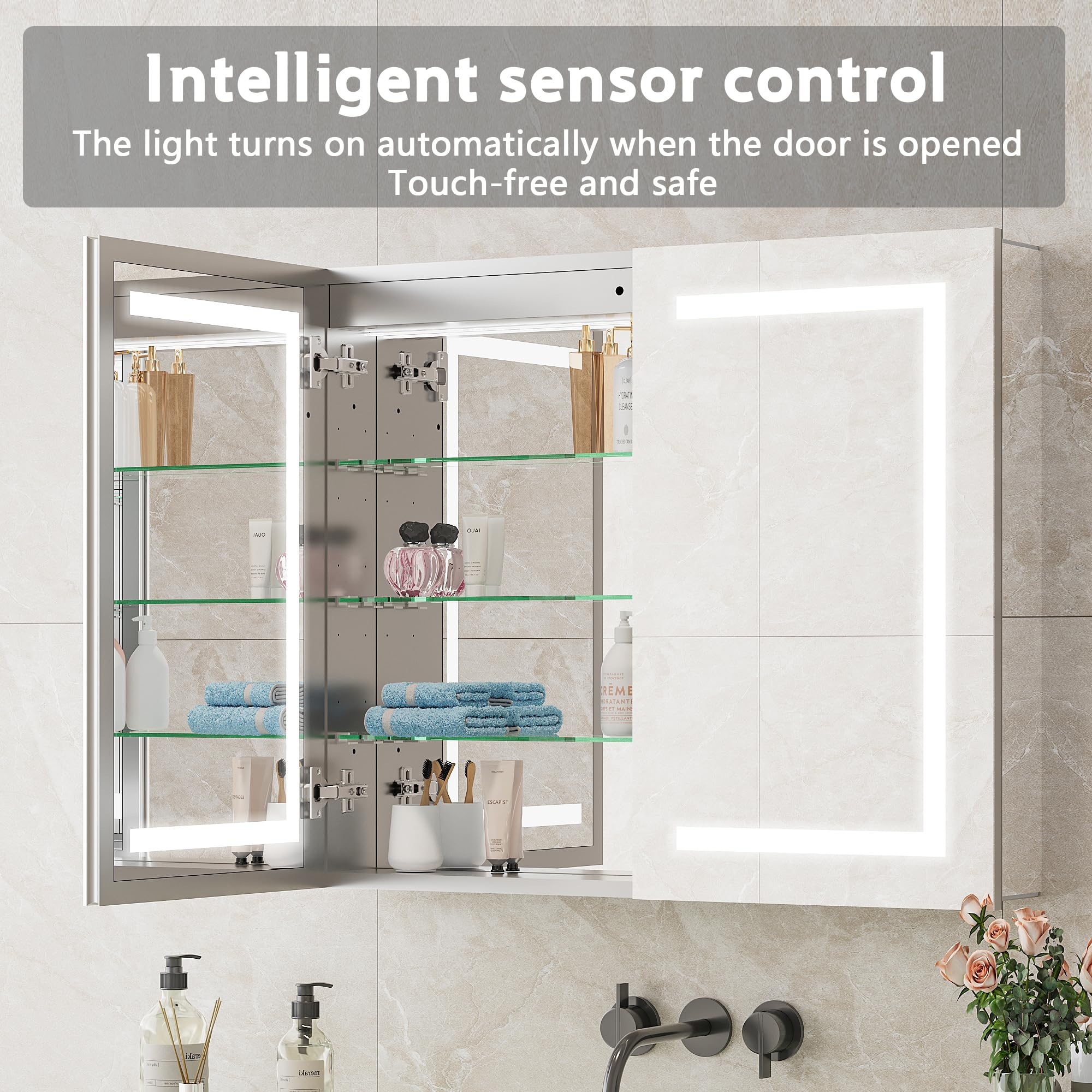 Armoire Salle De Bain 100% préinstallé avec Miroir LED Double Porte, Anti-Buée, Prise & USB, Étagères Réglables, Miroir Salle de Bain avec Rangement 80x60cm – Aluminium Inoxydable