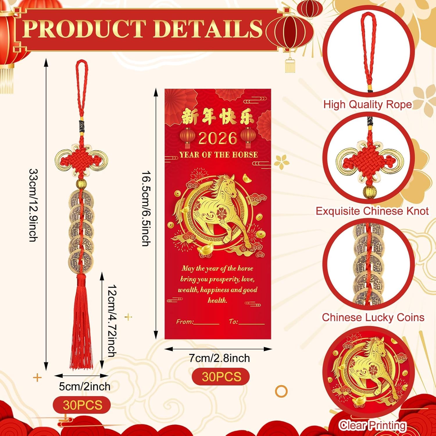 30 Sets Chinese Knot Lucky Coins Gifts Feng Shui Coins Ornaments with New Year Blessing Cards Bags Red Chinese Knot Luck Charm 2026 Lunar New Year of The Horse Gift Wealth Health Success Home Decor