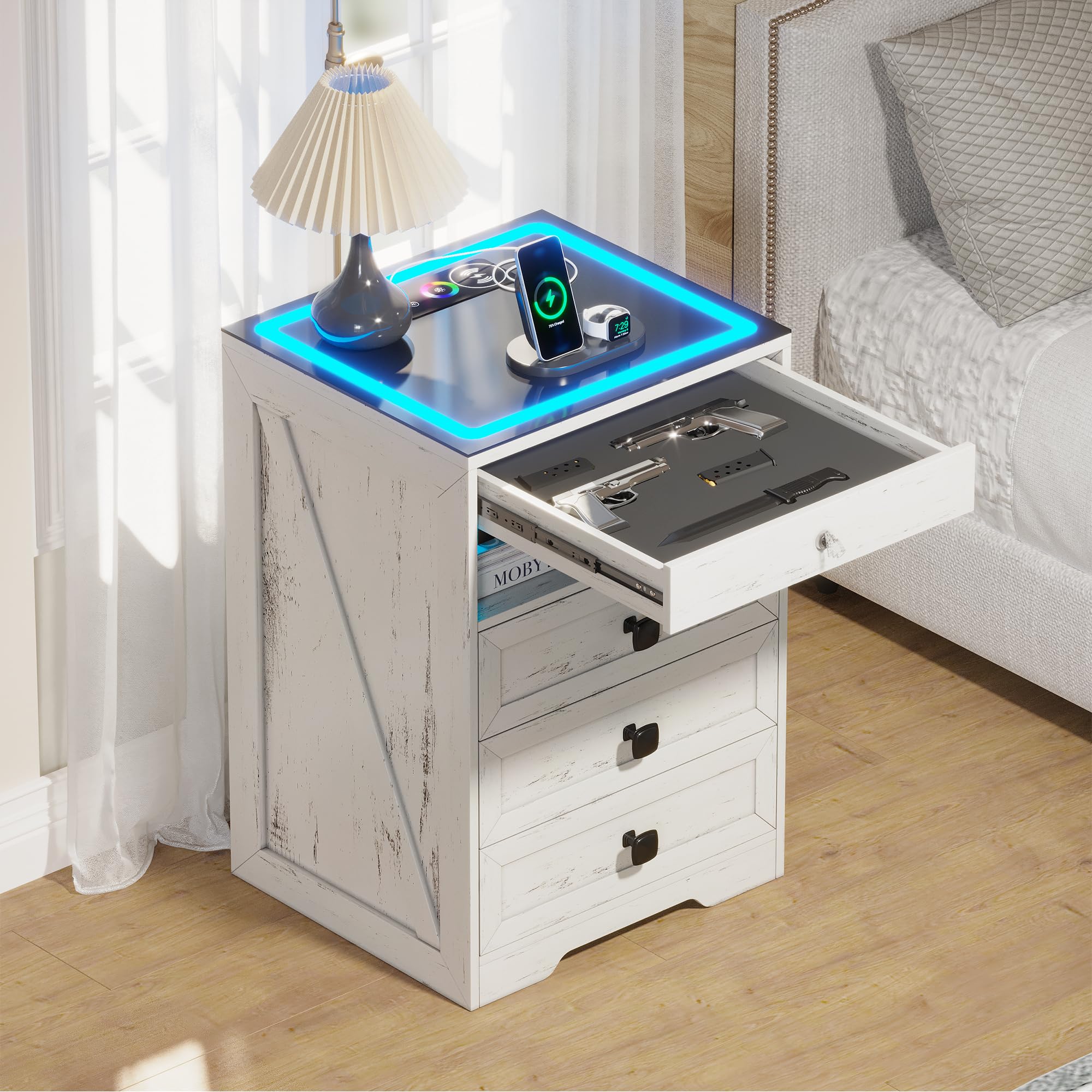 Amazon.com: Lvifur RGB Nightstand with Gun Drawer, Glass Top Bedside ...