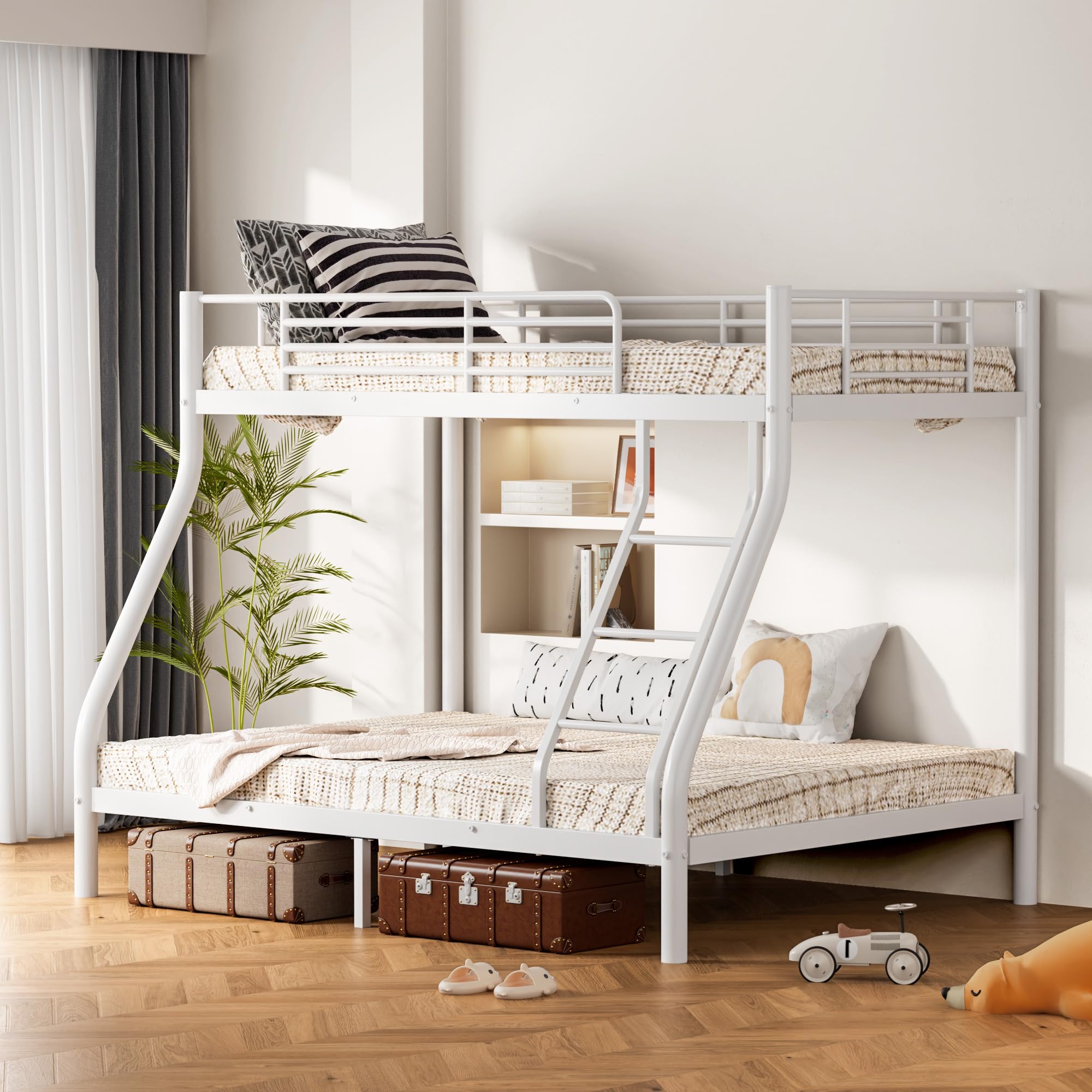 SogesGame Bunk Beds Twin Over Full Size, Heavy Duty Metal Bed Frame with Safety Ladder and Guardrail for Kids&Adults, Space-Saving Design for Bedroom&Shared Room, Easy Assembly, White