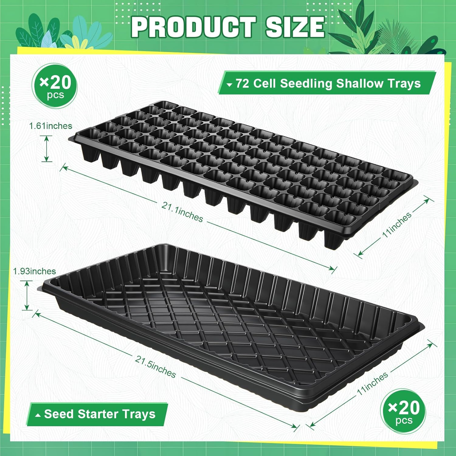 Vesici 40 Pack Seed Starter Trays and 72-Cell Plug Trays Sturdy Plastic Seedling Nursery Bundle for Microgreens, 1020 Tray Germination, Plant Propagation and Seed Starting & Transplanting