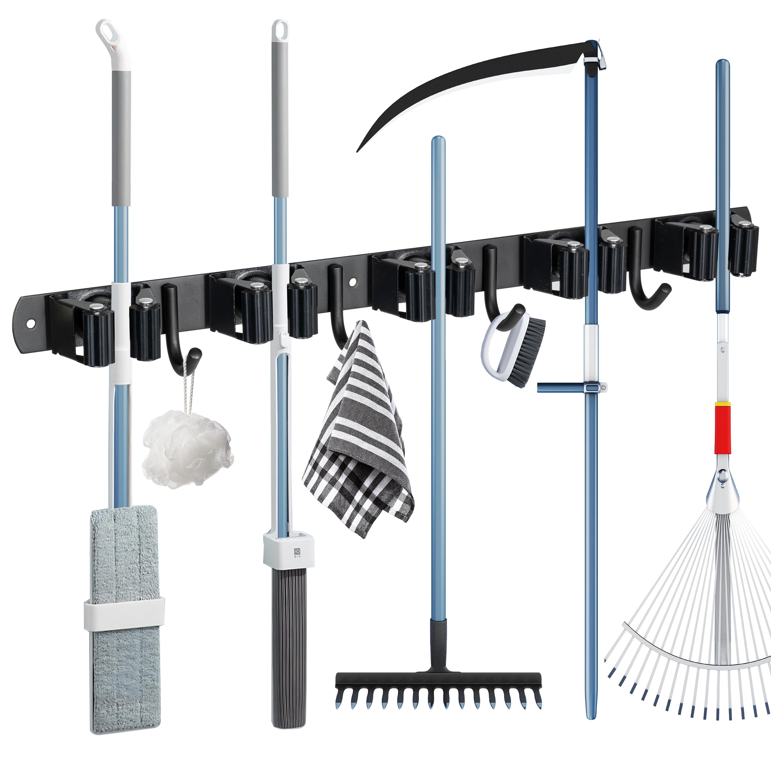 Colgador Escobas y Fregonas, Soporte Escobas Pared Acero Inoxidable con Ganchos, Autoadhesivo o Perforado (Tornillos Incluidos) para Cocina, Baño, Garaje y Jardín, Color Negro