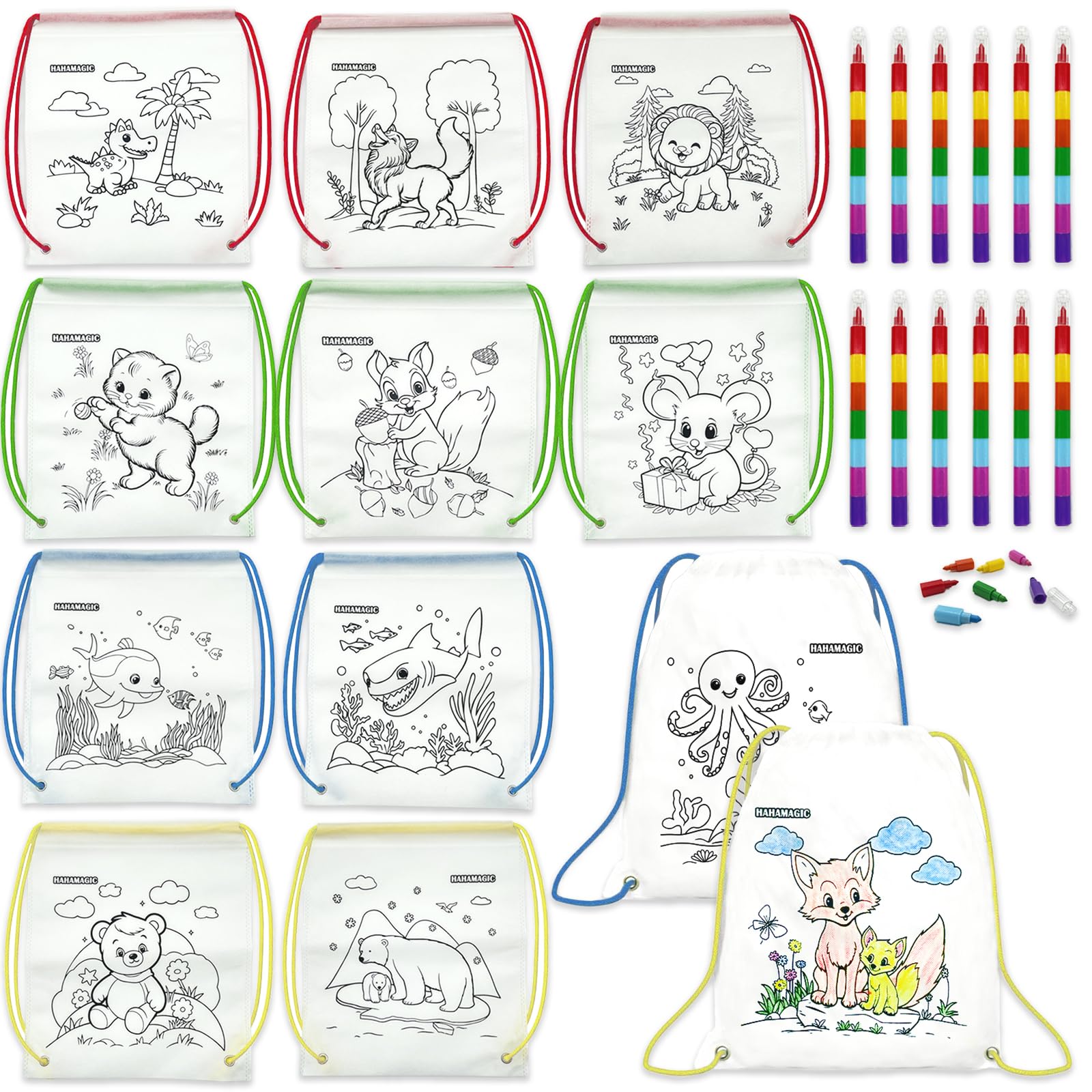 12 PCS zaini da colorare con 12 pastelli a cera impilabili (7 colori in uno), adatto come regalini fine festa compleanno bambini invitati, sacchetti e gadget compleanno bambini