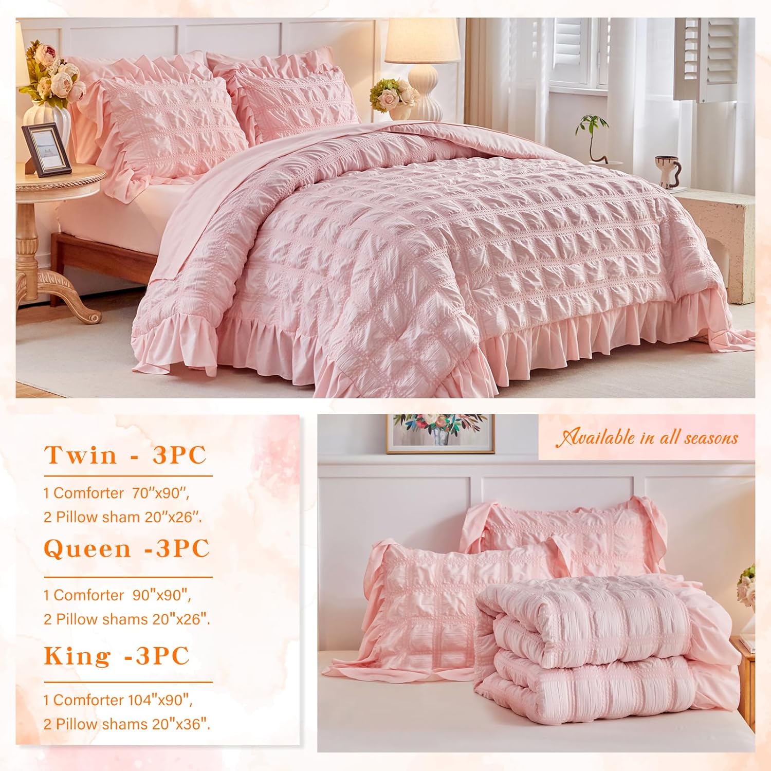 Tititada Blush Pink Plaid Seersucker Comforter Set with Ruffled Fringe Twin Size, 3 Pieces Soft Fluffy Farmhouse Bedding Set for All Season, Twin Bed Set with Ruffle Shams (Blush Pink, Twin) - Image 5