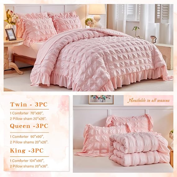 Tititada Blush Pink Plaid Seersucker Comforter Set with Ruffled Fringe Twin Size, 3 Pieces Soft Fluffy Farmhouse Bedding Set for All Season, Twin Bed Set with Ruffle Shams (Blush Pink, Twin)