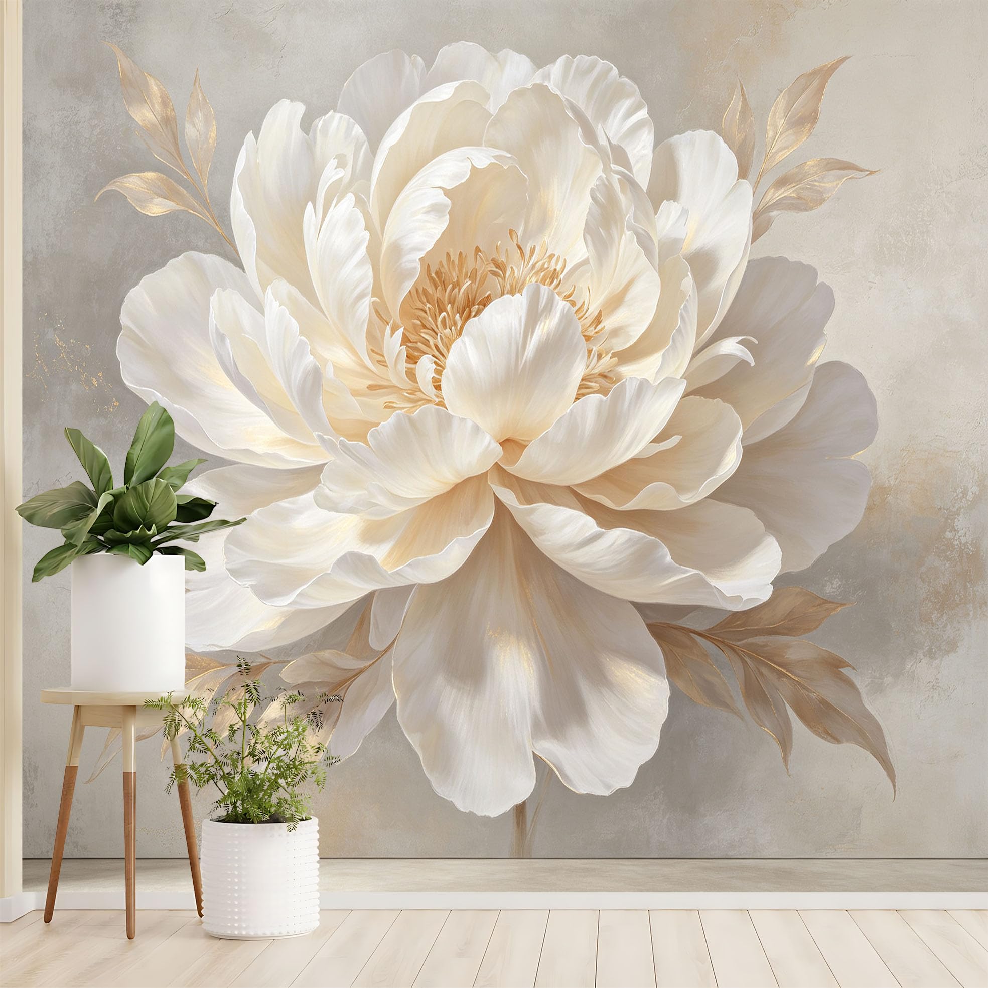 Ponadwymiarowy biały kwiat piwonii mural ścienny elegancki biały kwiat tapeta z włókniny nowoczesna luksusowa botaniczna kwiatowa fototapeta 250 x 175 cm kremowo-beżowa osłona ścienna do salonu