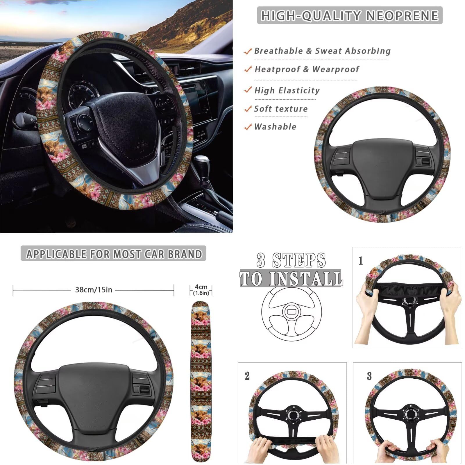 Set completo di coprisedili per auto con stampa di ibisco azteco, anteriore e posteriore, coprivolante, console centrale, imbottiture per cinture di sicurezza, sottobicchieri e coppe