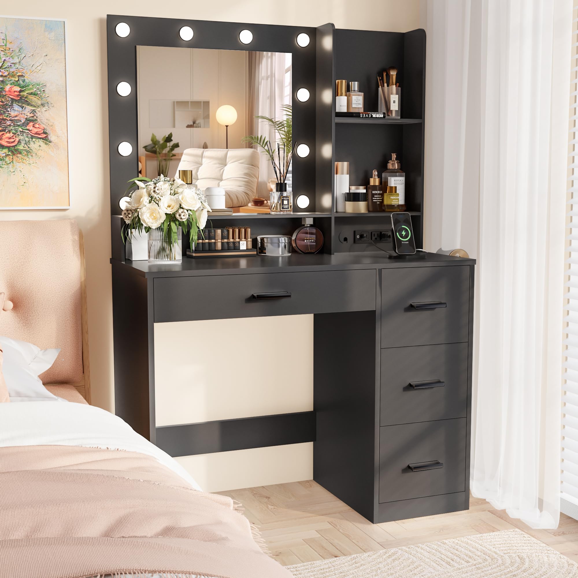 Furmax Vanity Desk with LED Lighted Mirror&Power Outlet, 39.3’’ Makeup Vanity Table with 4 Drawers and 3 Storage Shelves, Adjustable 3 Lighting Colorfor Bedroom&Dressing Room (Black)