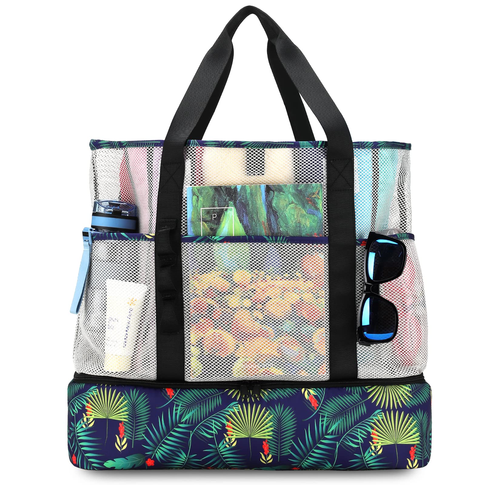 UYLIA 8 Taschen Tote Mesh Strandtasche Damen Groß Faltbare mit Wasserdichter Kühltasche für Spielzeugaufbewahrung Strand Reise Picknick, Shopper Handtasche Badetasche Umhängetasche