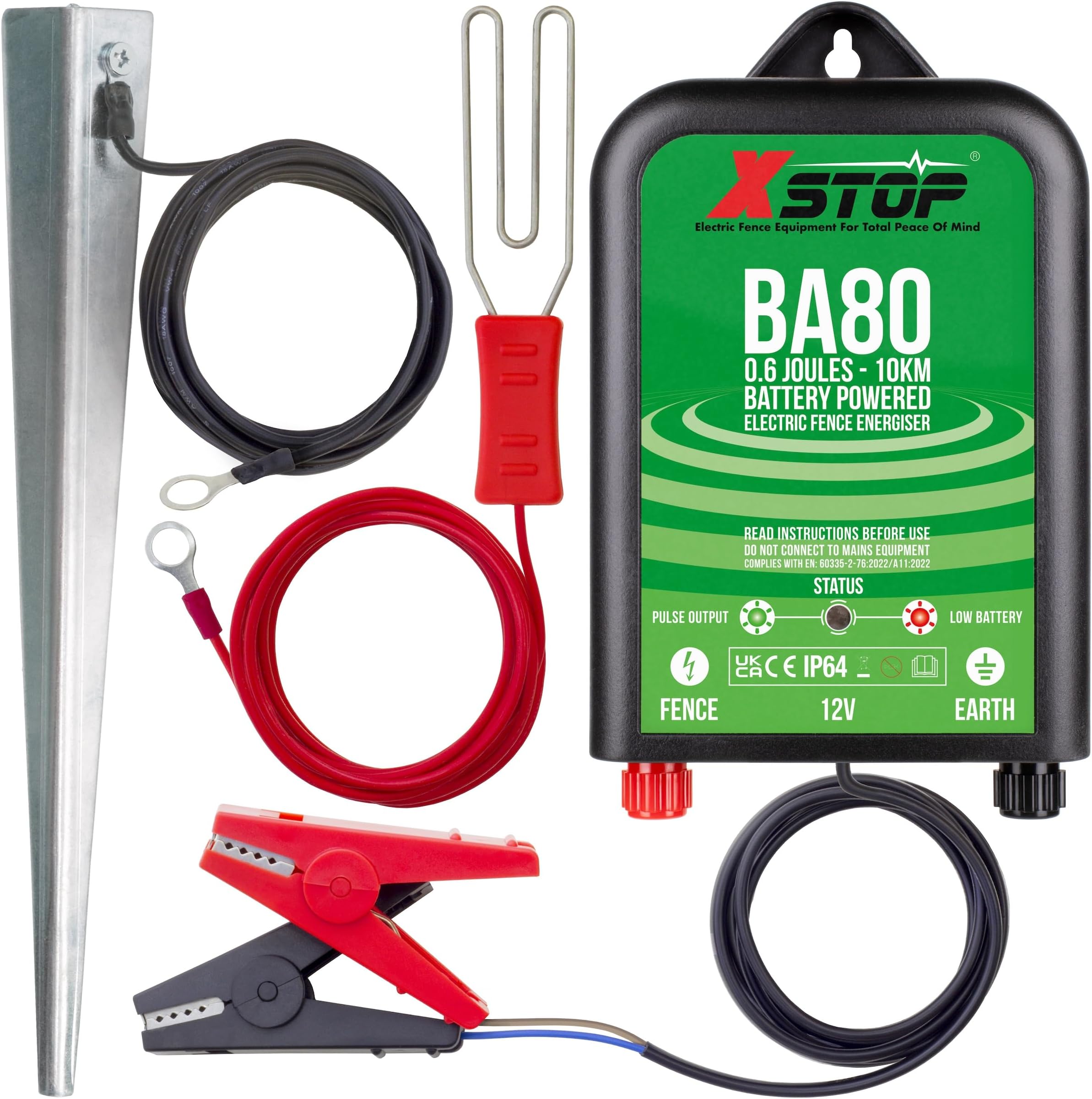 12 Volt Battery Powered Electric Fence Energiser XSTOP BA80 10Km Range, 0.6 Joule Output, Weatherproof Kit Includes Leads and Earth Stake. For Horses and Other Animals