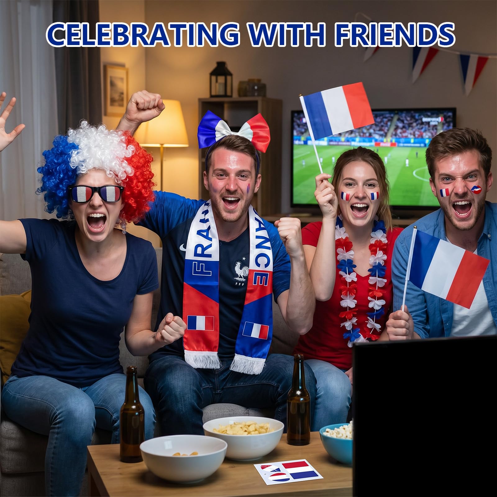 9 Pièces Kit Supporter France, Coupe du Monde 2026 Football Accessoire Bandeau Écharpe Perruque Tatouages Temporaires Lunettes Collier de Fleurs, Drapeau à Main Accessoire Supporters France